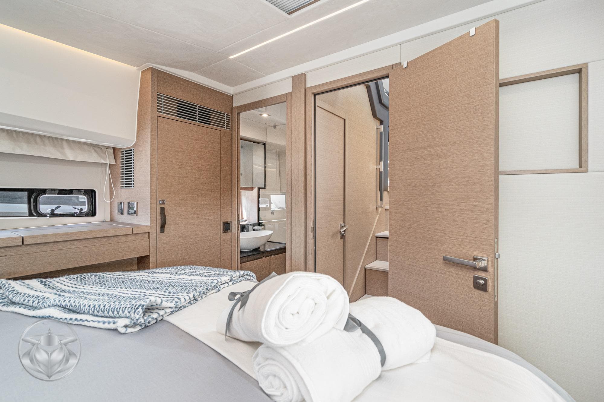 Luxurious interior of 2021 Prestige 460 yacht cabin with modern design and amenities.