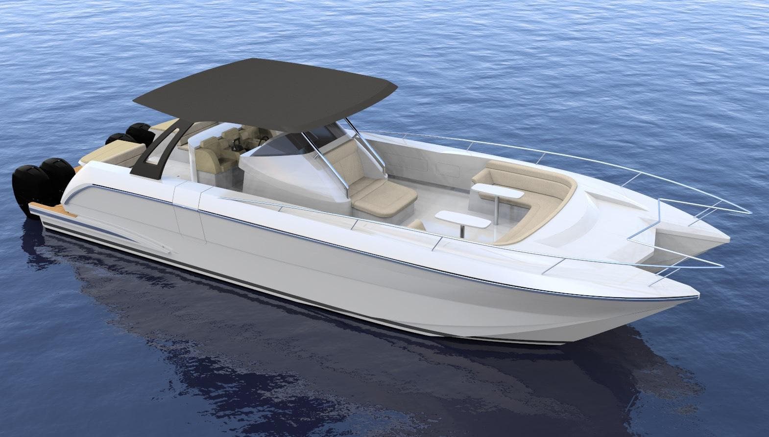 2025 Monte Fino C47 Center Console boat on calm water, featuring sleek design and spacious seating.
