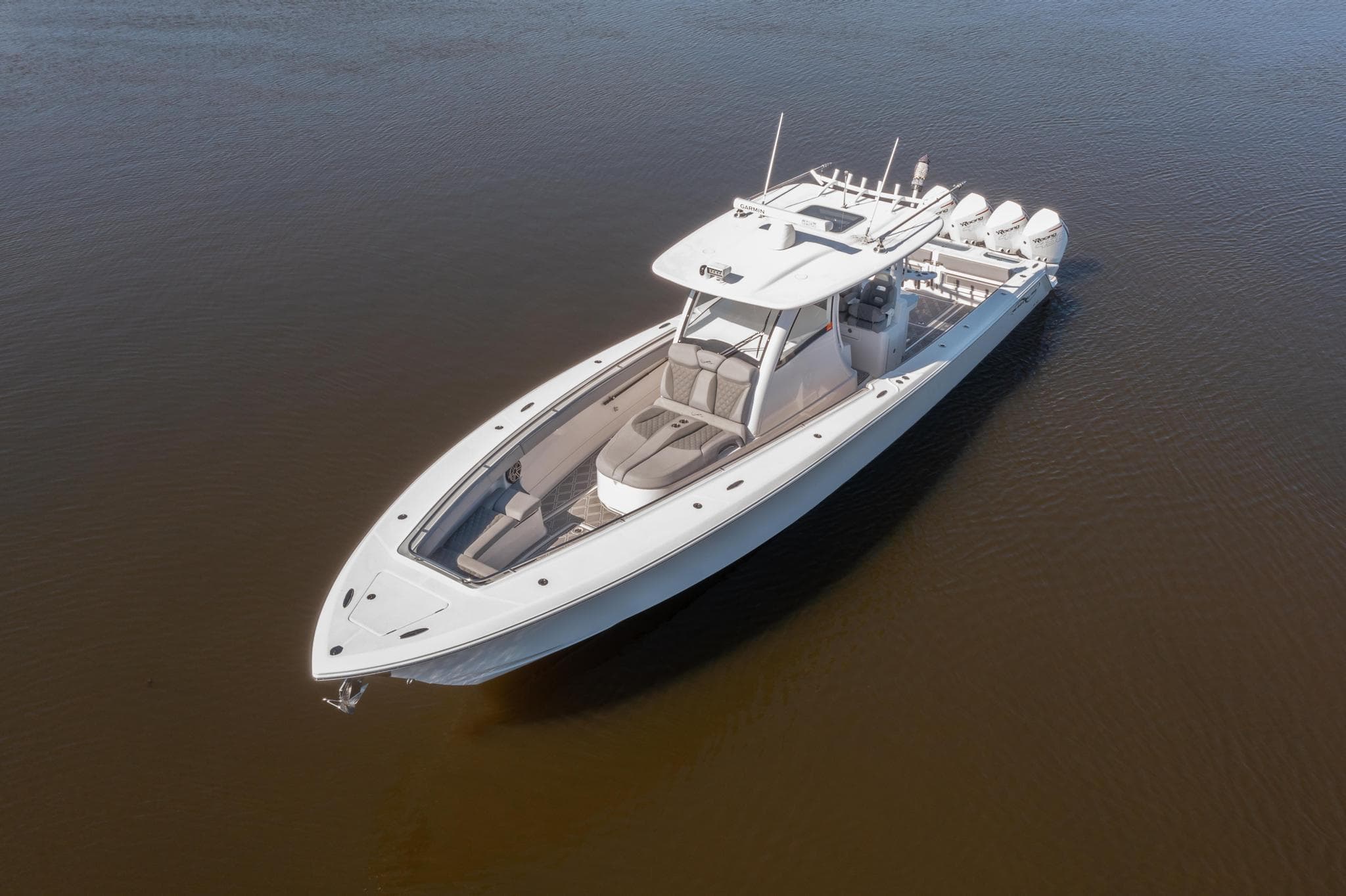 2020 Blackwater 43 Sportfish boat on calm water, aerial view.