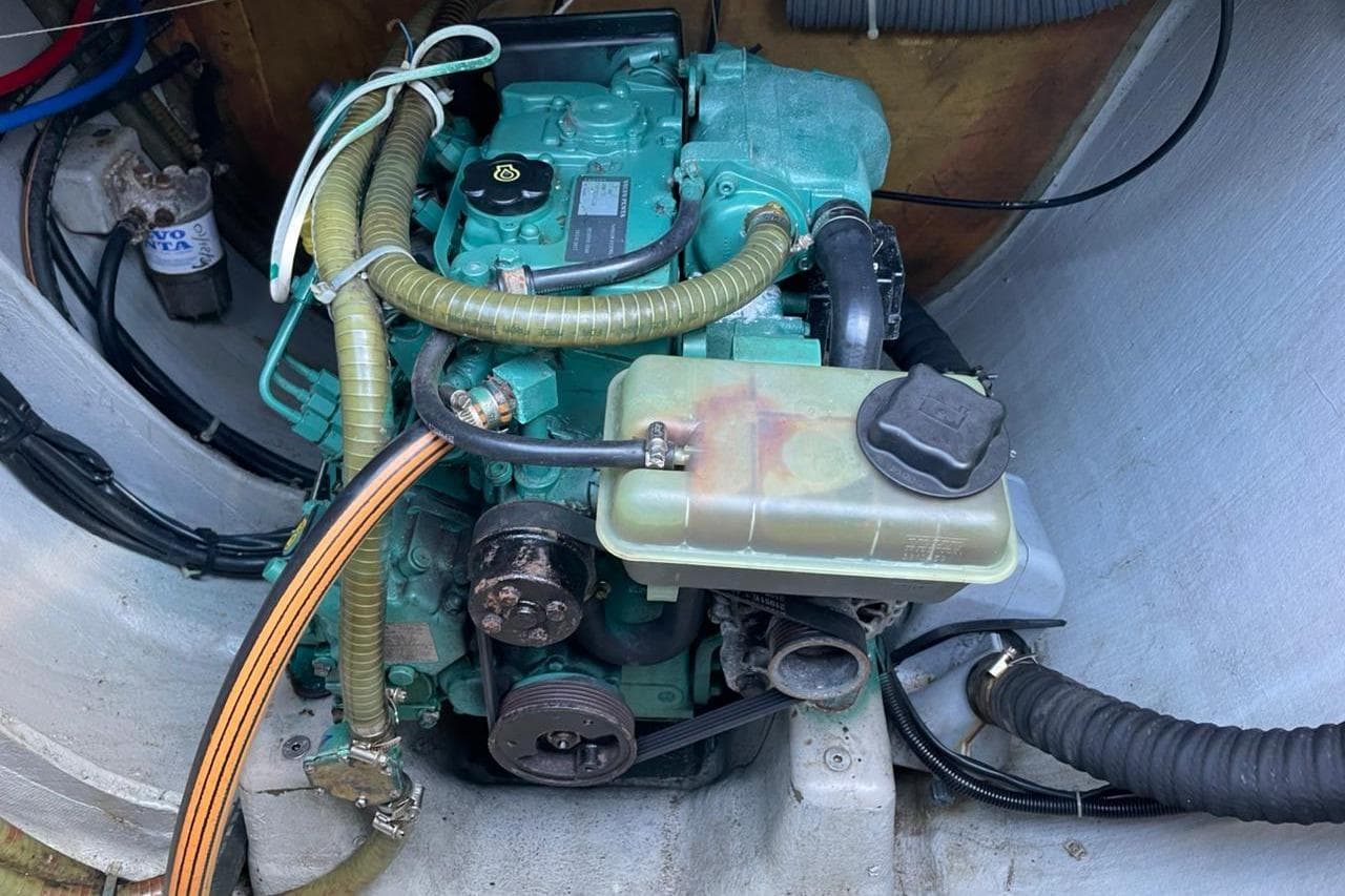 Engine compartment of a 2015 Nautitech 40 Open catamaran, showcasing mechanical components.