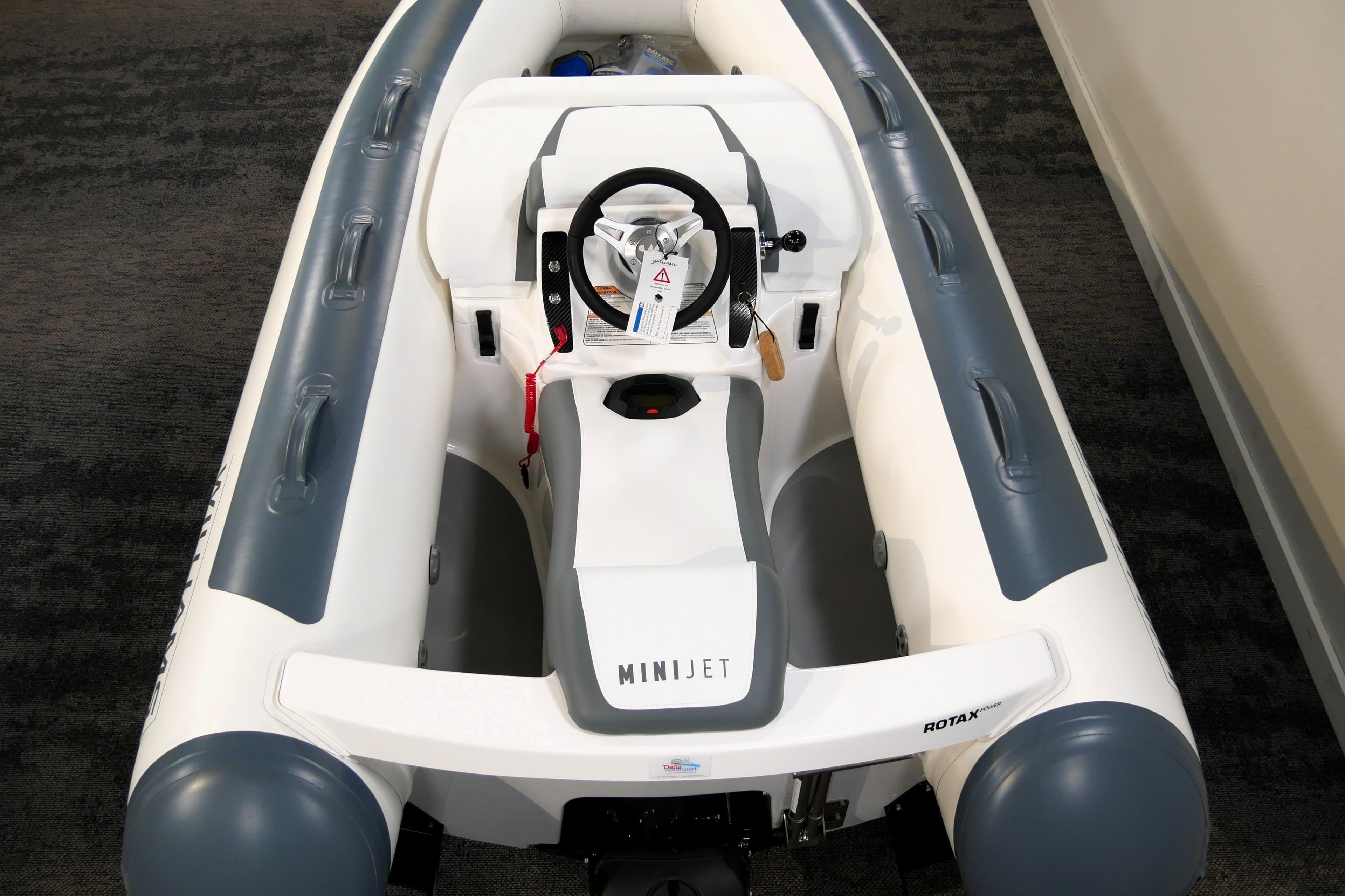 2026 Williams Jet Tenders Minijet 280, top view, sleek design, white and gray color scheme.