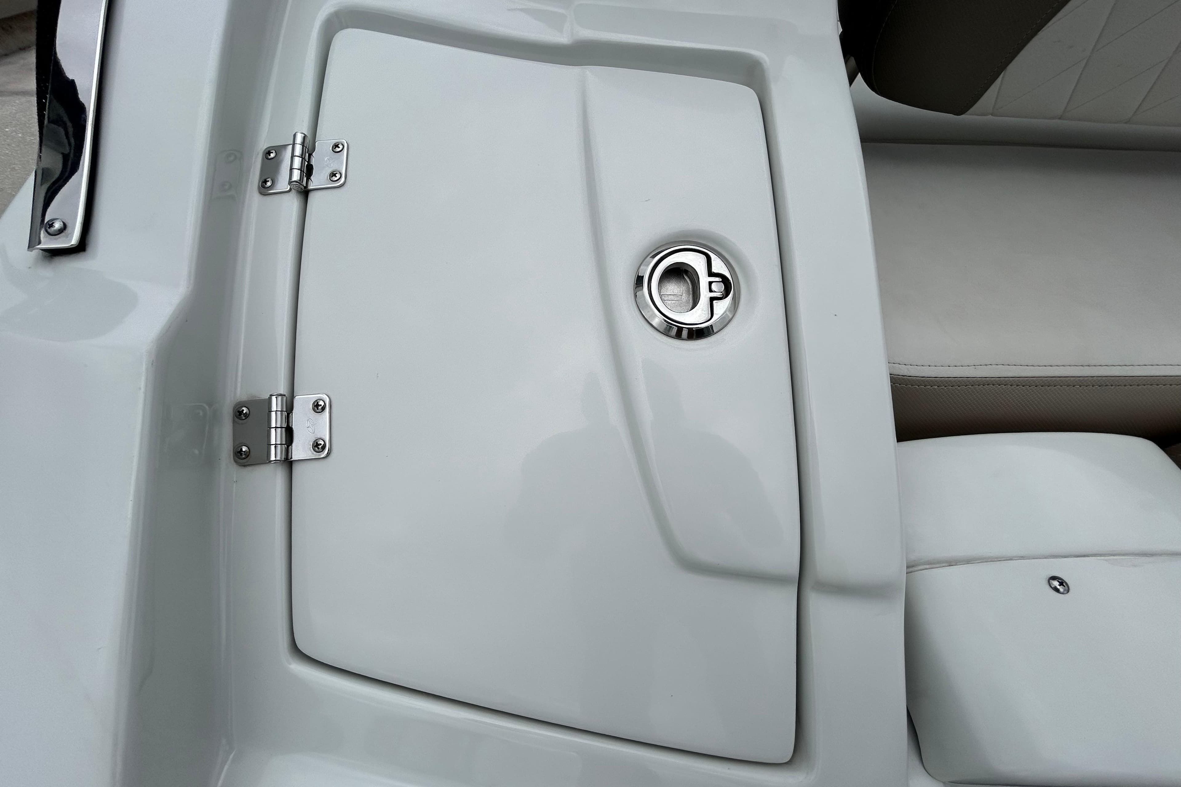 2022 Crownline 270 XSS boat hatch with stainless steel hinges and latch.