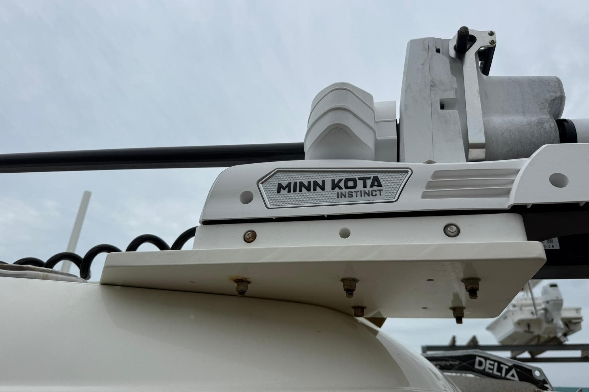 Minn Kota Instinct motor on 2025 World Cat 235 TE boat, close-up view.