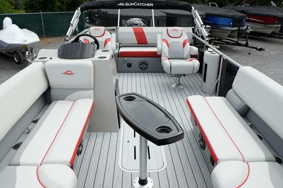 2026 SunCatcher Select 322SL pontoon boat interior with stylish seating and modern design.