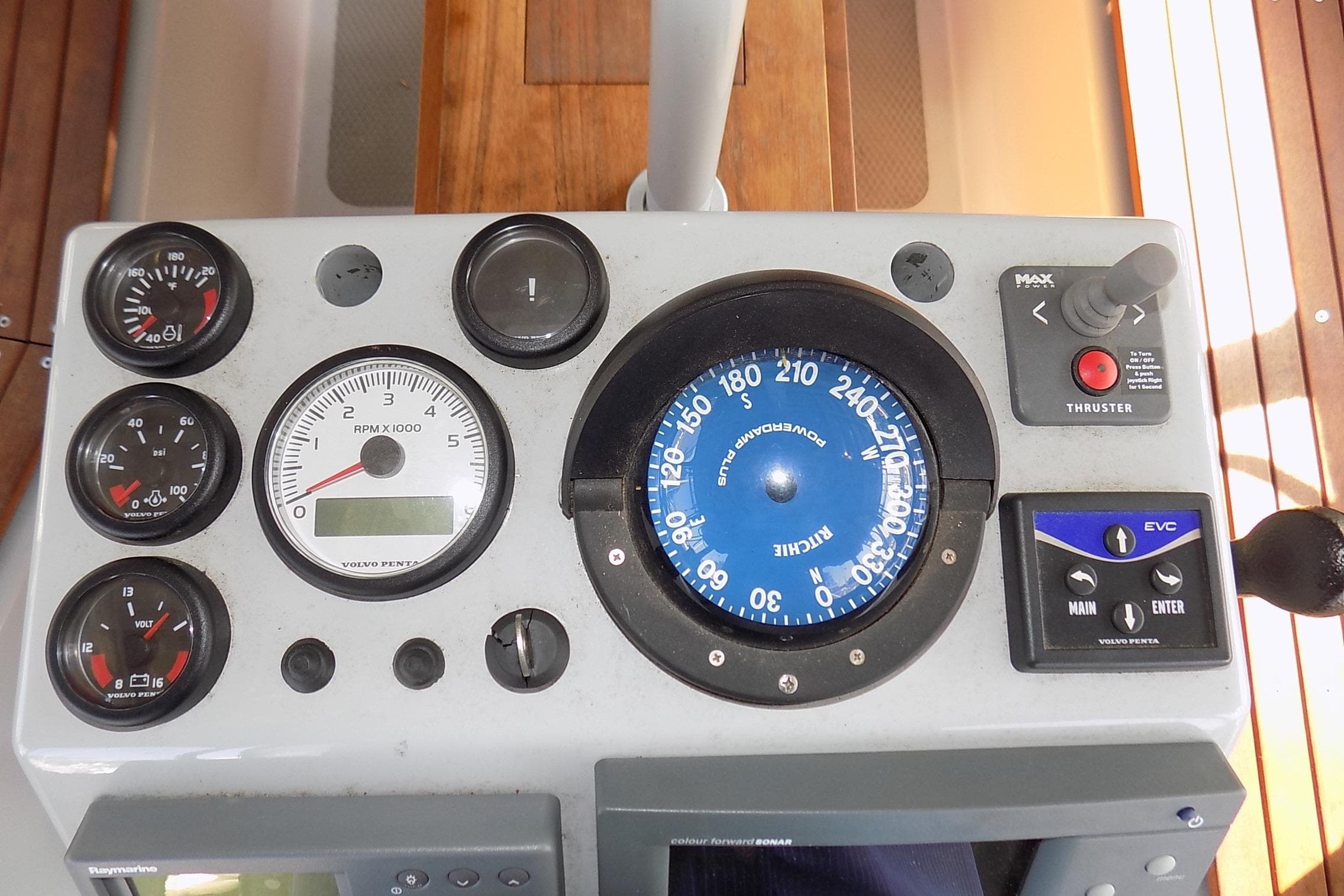 Control panel of a 2014 Custom Aluminum Expedition boat with gauges and compass.