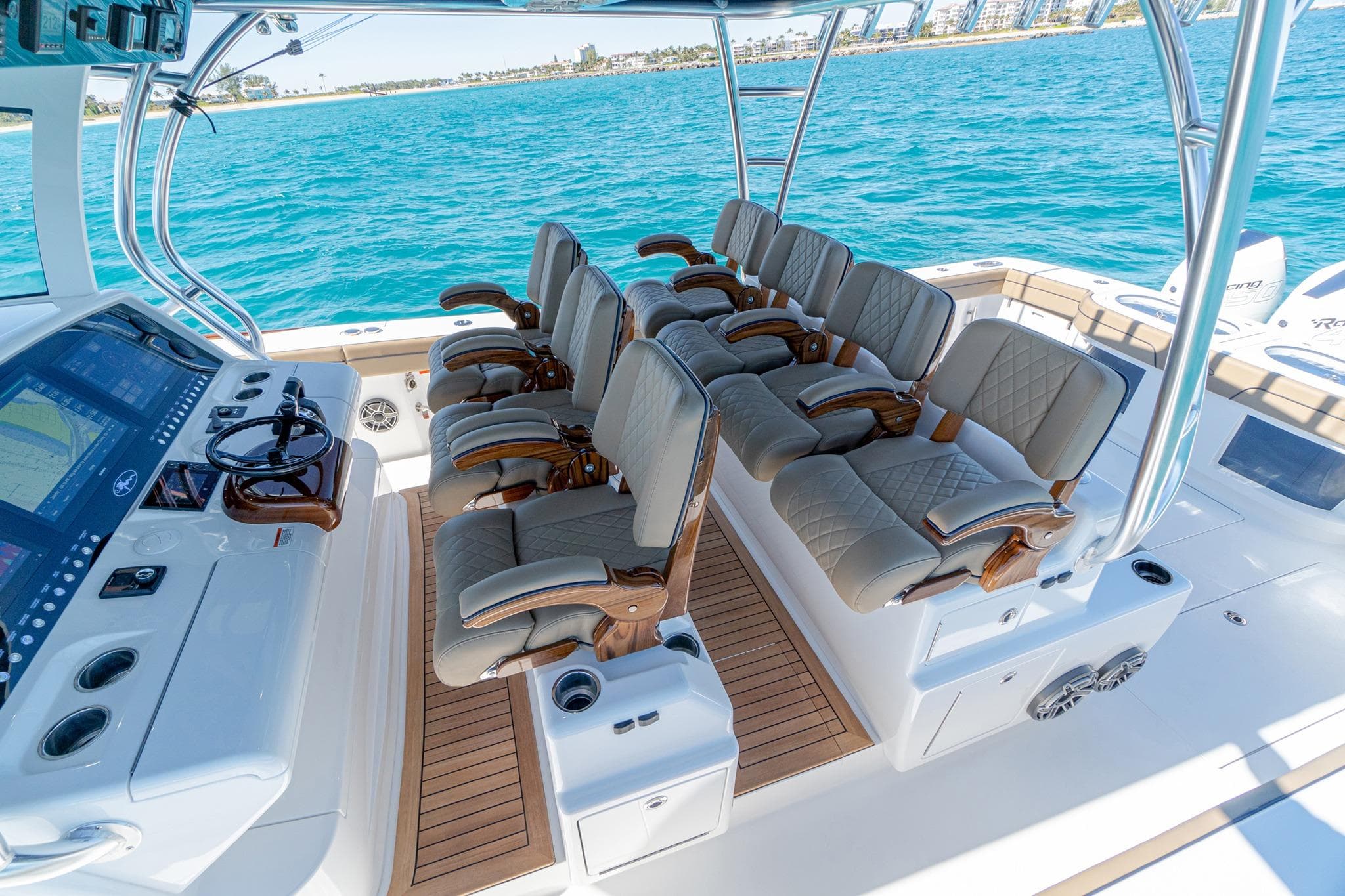 Luxurious interior of 2026 Valhalla Boatworks V-46 with plush seating and advanced controls.