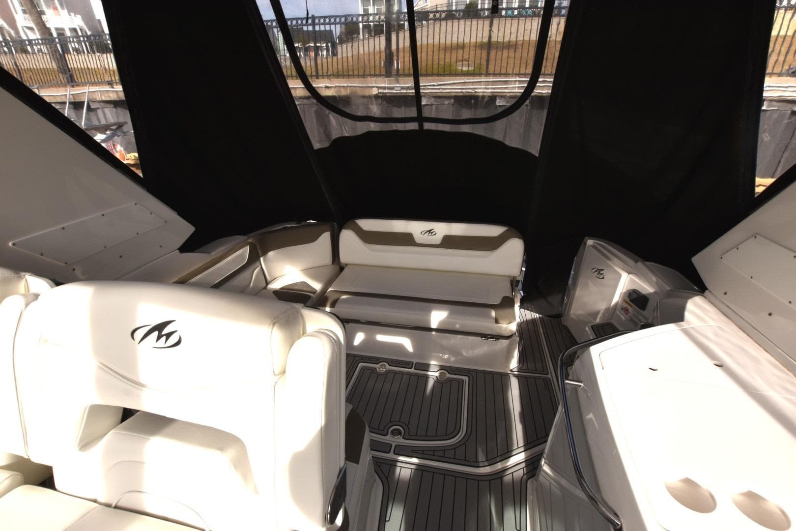 2017 Monterey 355 Sport Yacht interior with seating and sleek design.