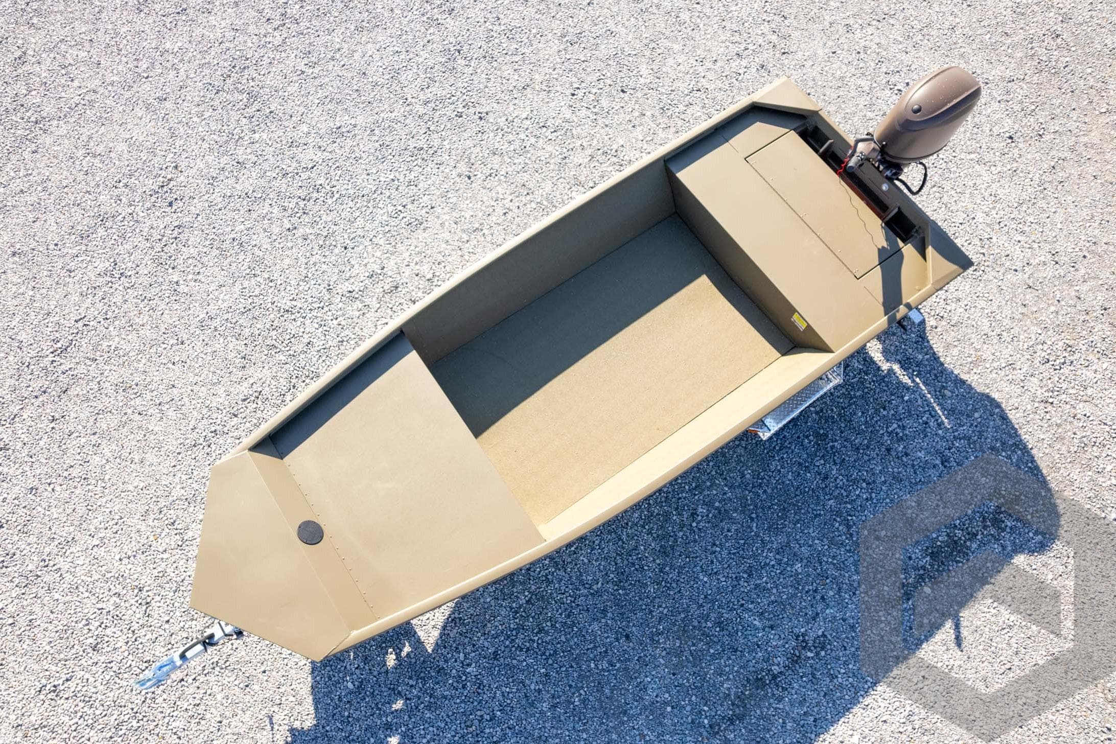 2026 G3 Gator Tough 1652 VBW boat on gravel, top view.