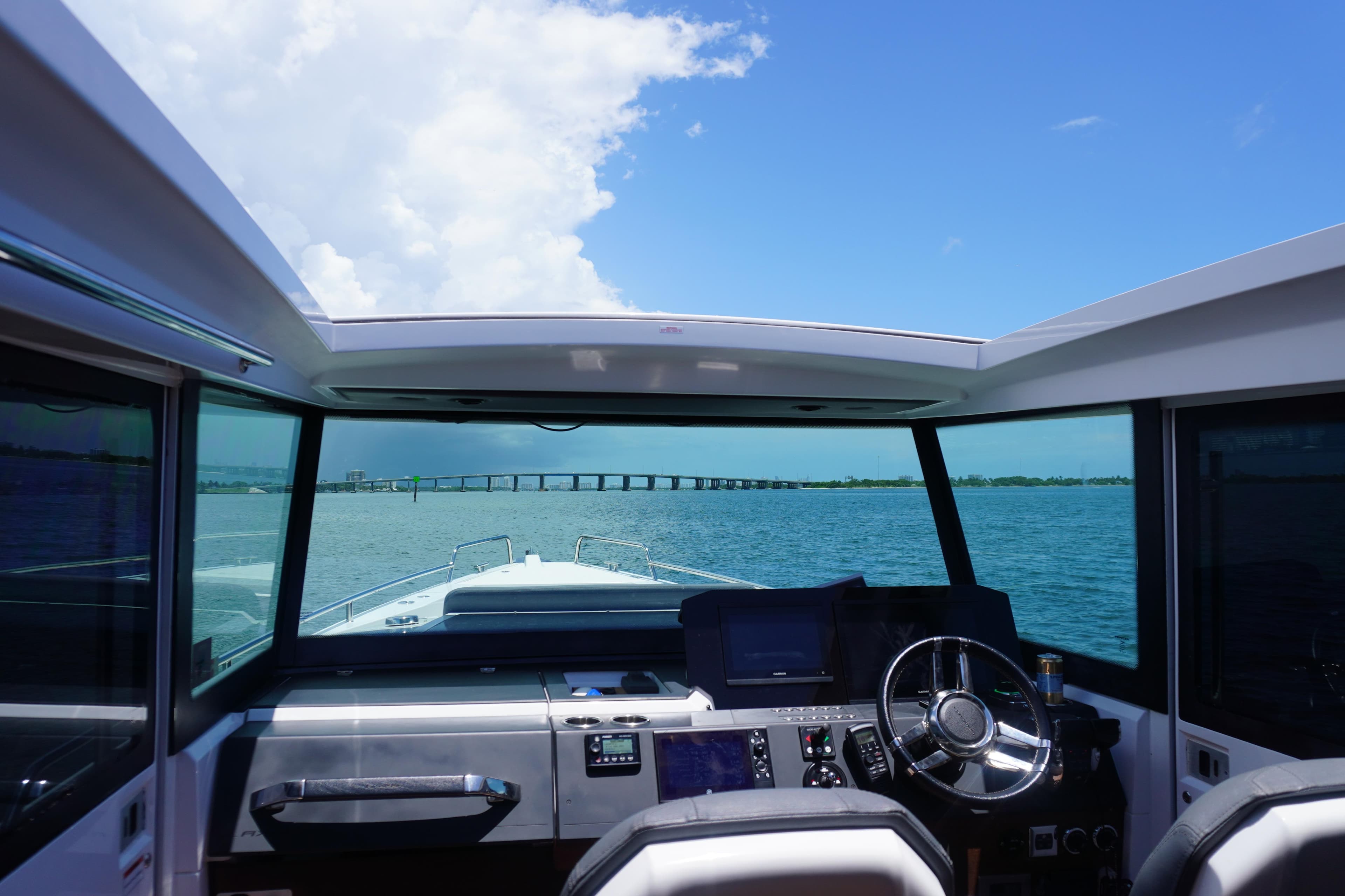 Interior view of 2020 Axopar 37 XC Cross Cabin boat on open water.