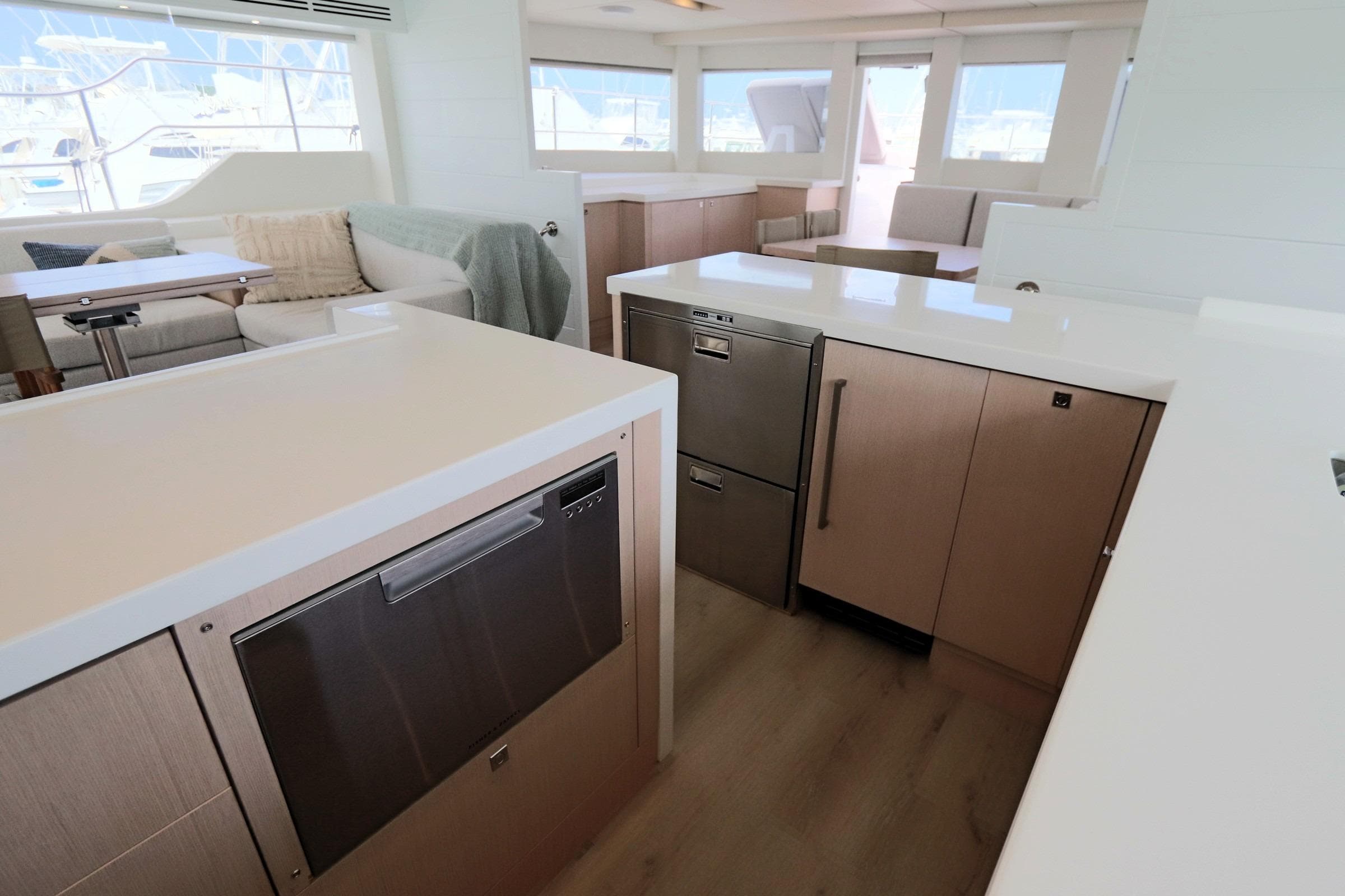 Modern kitchen interior on 2025 Two Oceans 55 yacht, featuring sleek countertops and cabinetry.