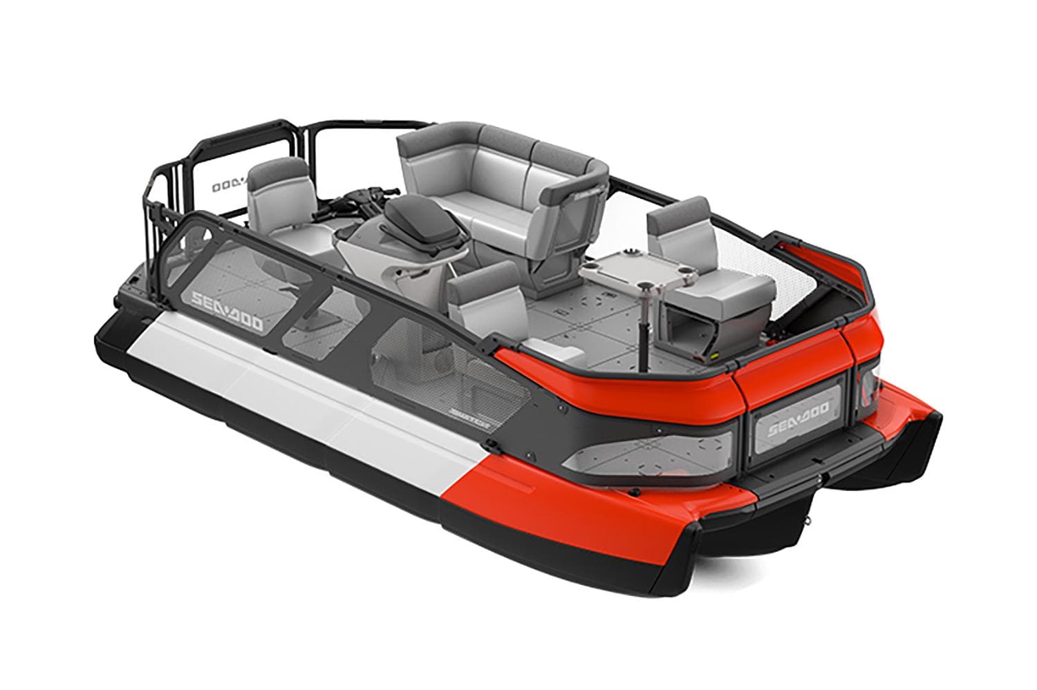 Manufacturer Provided Image: 2026 Sea-Doo Switch 16 pontoon boat, red and white, with modular seating and modern design.