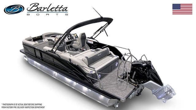 2026 Barletta Boats 23U pontoon with sleek design and modern features, displayed with American flag.