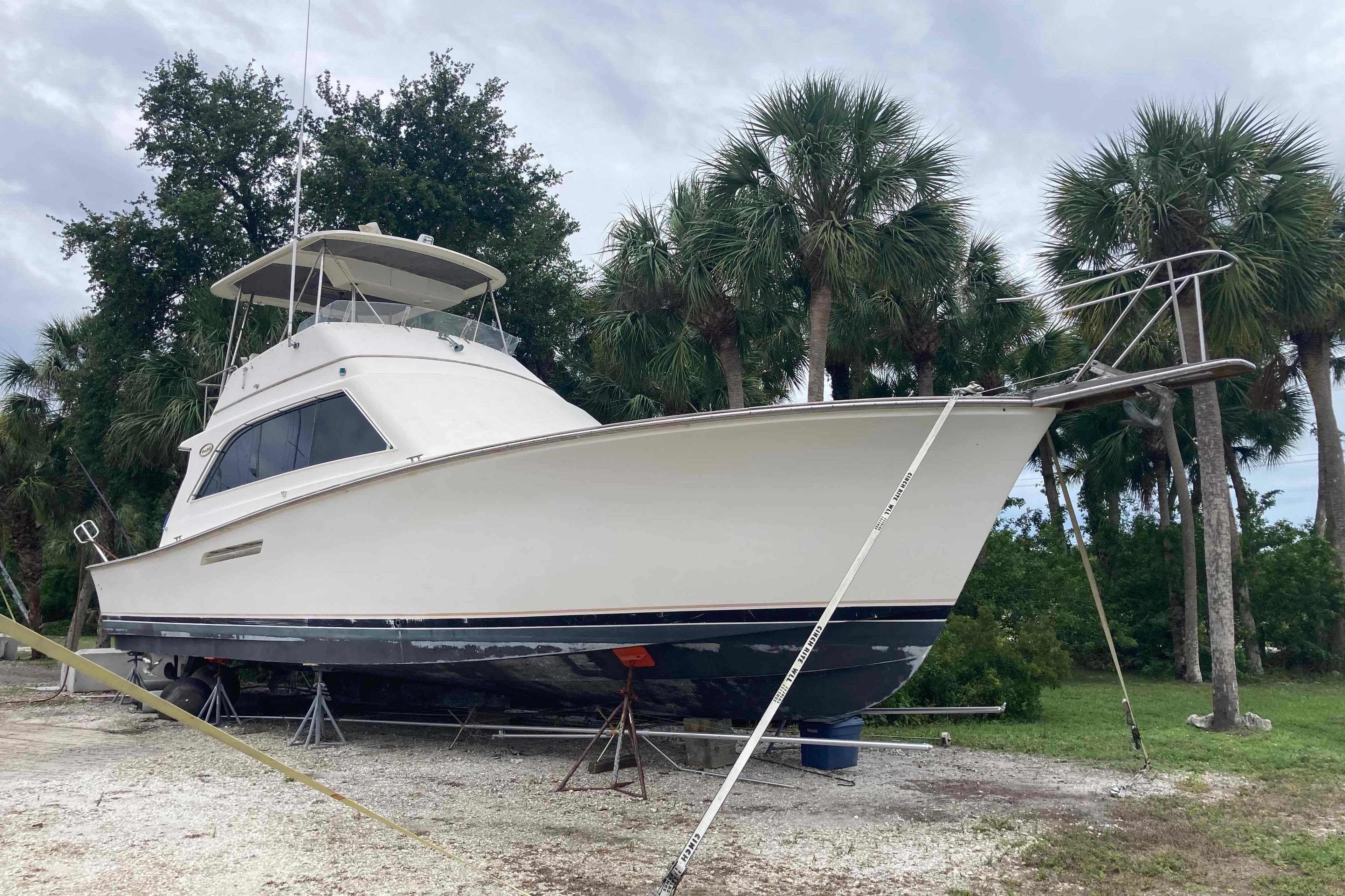 1989 Ocean Yachts 48 Super Sport boat on land, surrounded by palm trees.