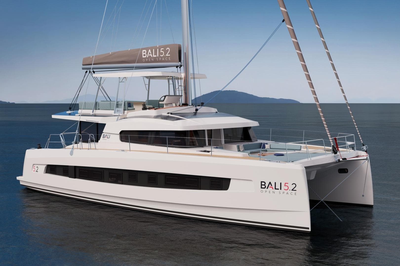 2026 Bali 5.2 catamaran on calm sea, showcasing sleek design and open space.