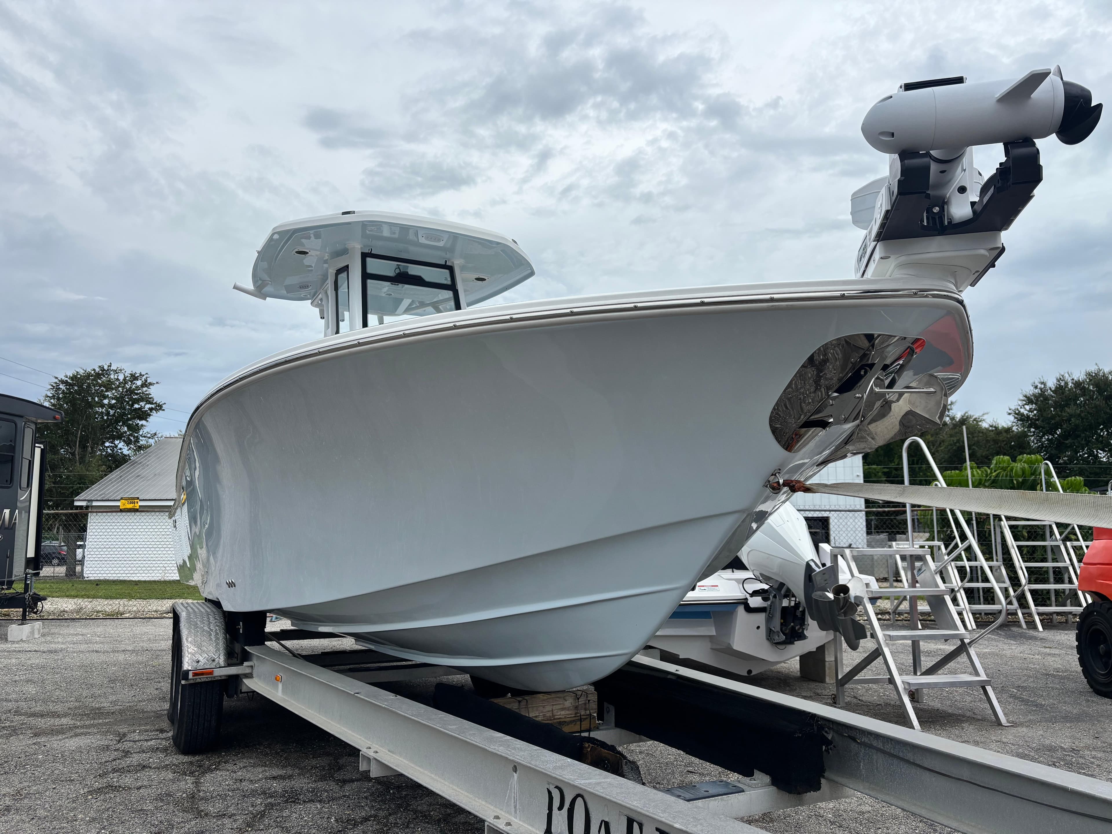 2026 Tidewater 2700 Carolina Bay boat on trailer, viewed from the front.
