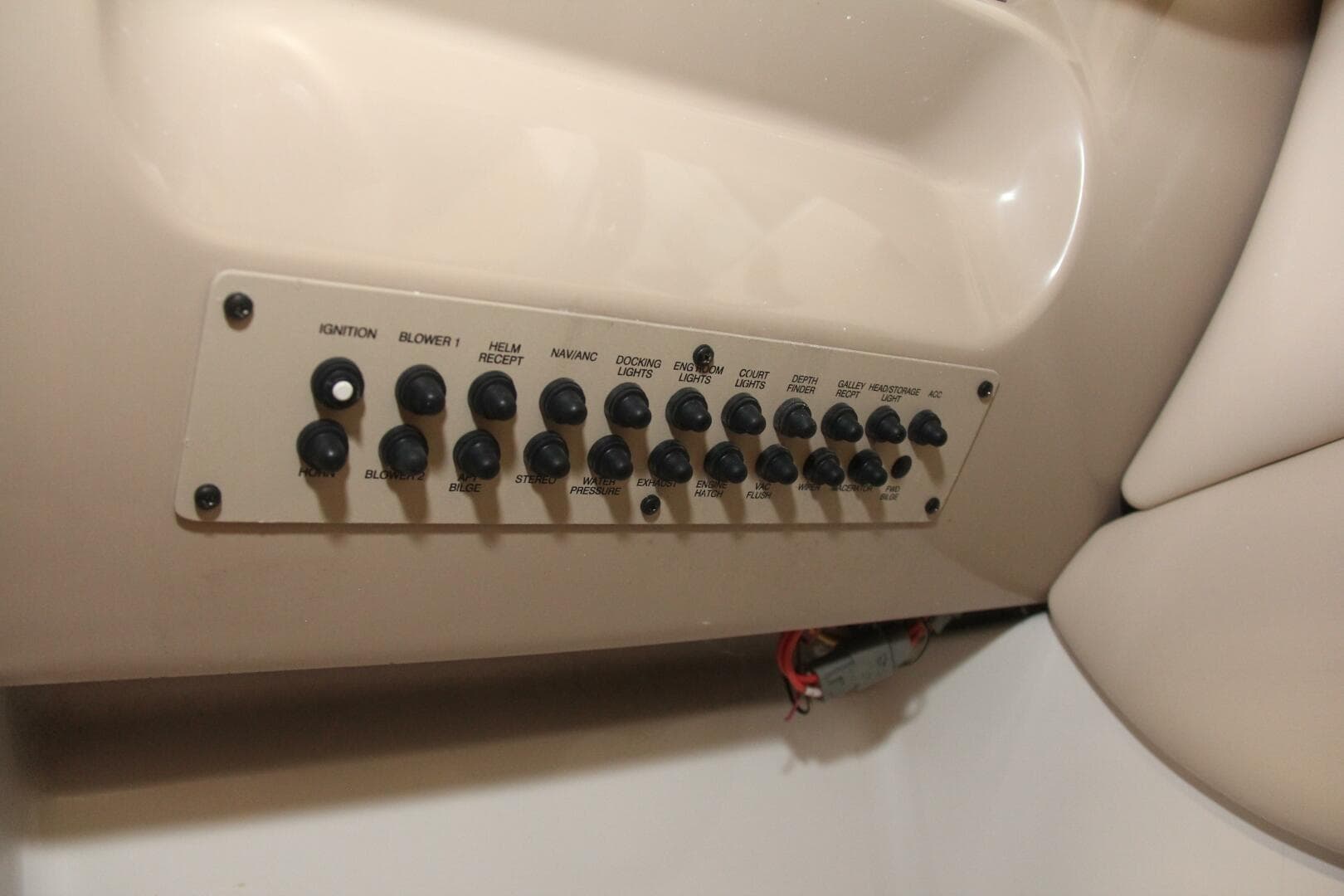 Control panel of a 2006 Chaparral 256 SSi boat with labeled switches.