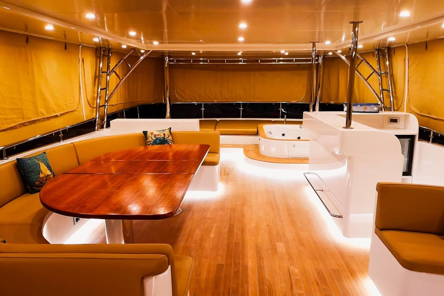 Luxurious interior of 2017 NG Yachts NG 66 with elegant wood and leather seating.