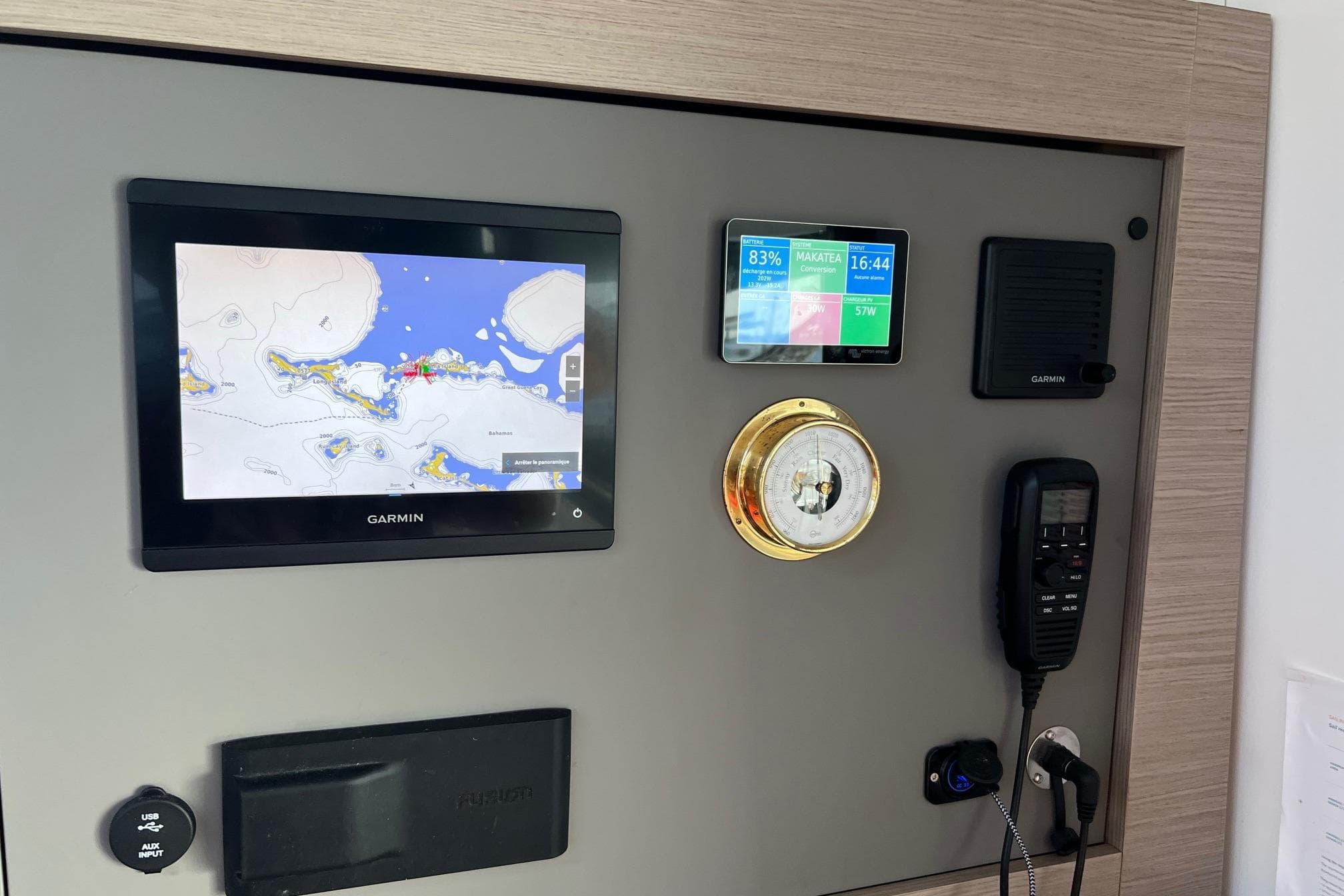 Navigation panel on 2021 Fountaine Pajot Catamaran Elba 45 with Garmin displays and controls.