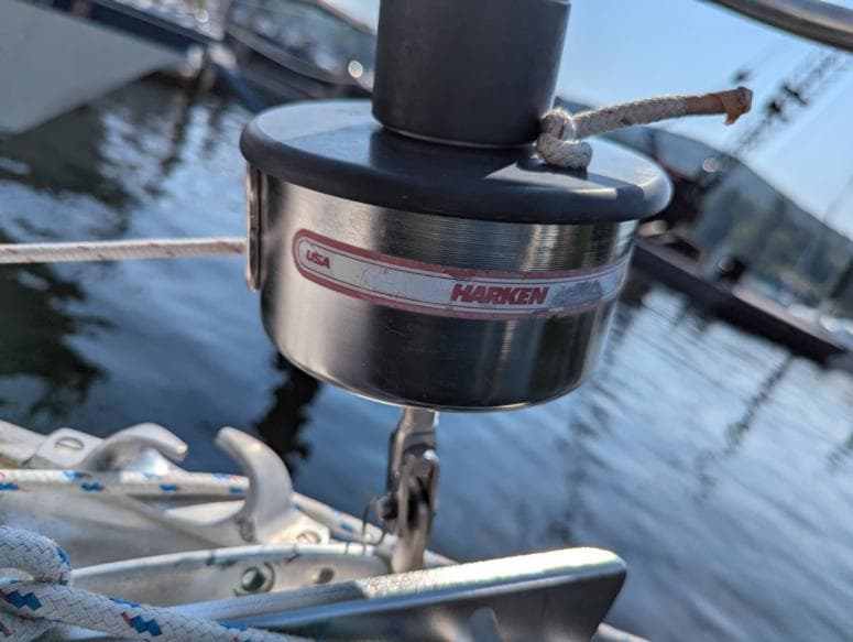Harken sailboat hardware on a 1979 Sabre 28-2, docked by the water.