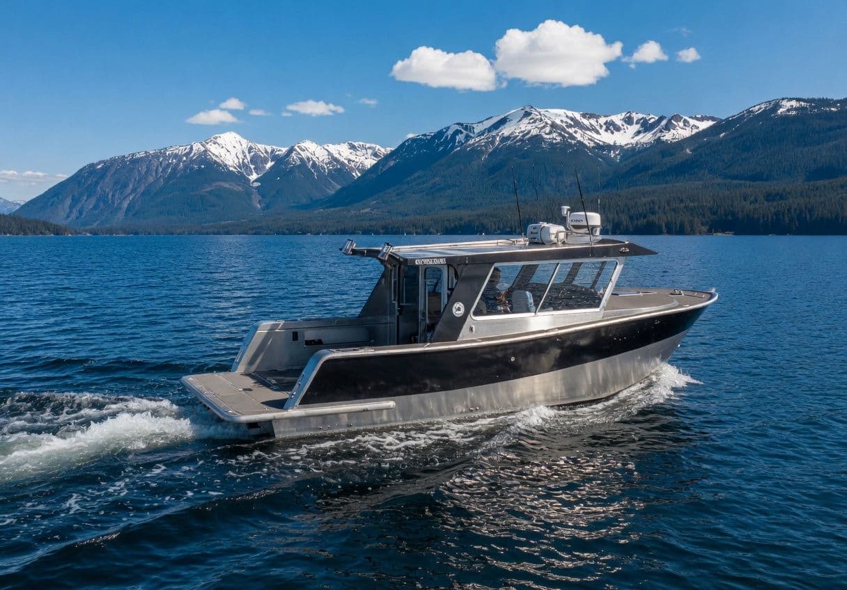 Walker Custom 30 boat on the sea with snowy mountains backdrop.