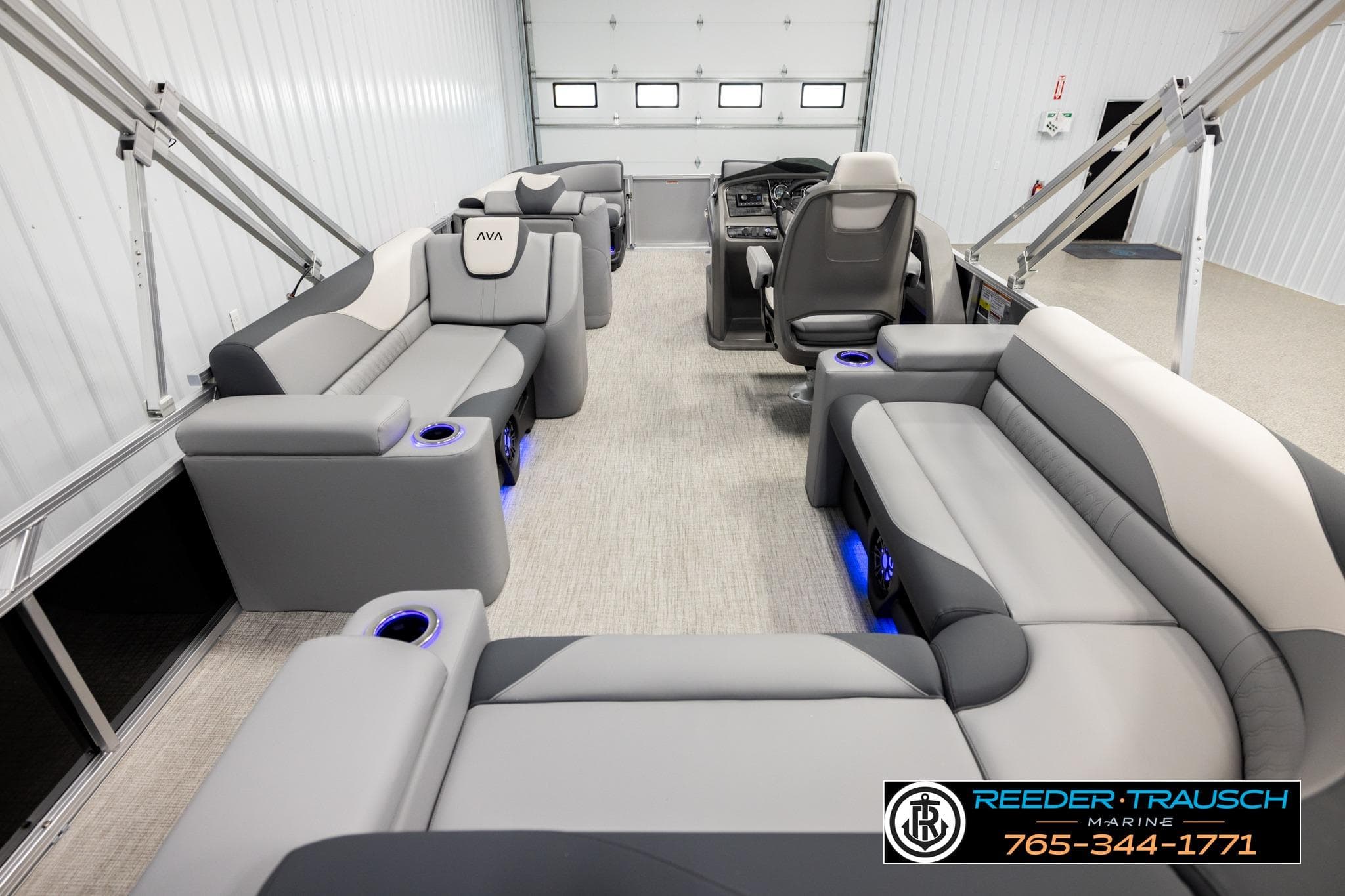 Luxurious interior of 2026 Avalon LSZ EL pontoon boat with plush seating and modern design.