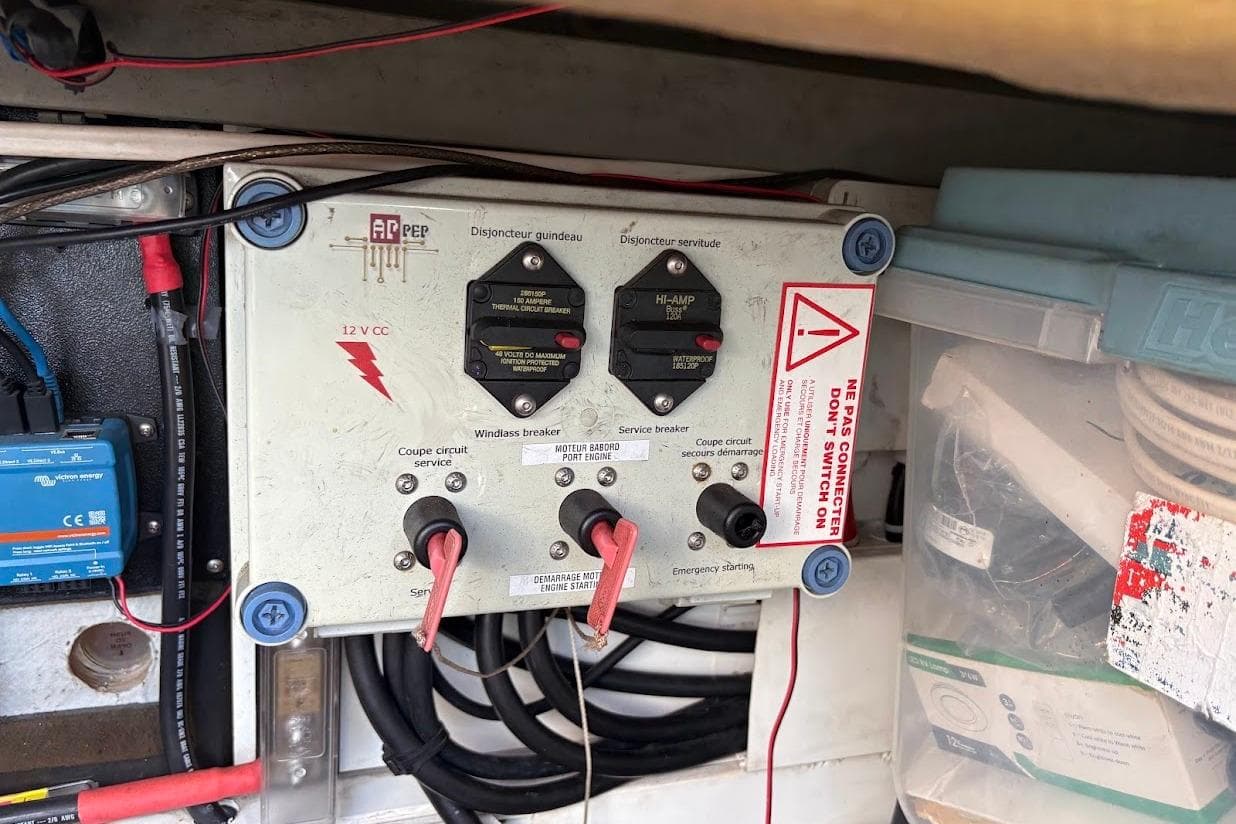 Electrical panel on 2015 Fountaine Pajot SABA 50 catamaran with circuit breakers and wiring.