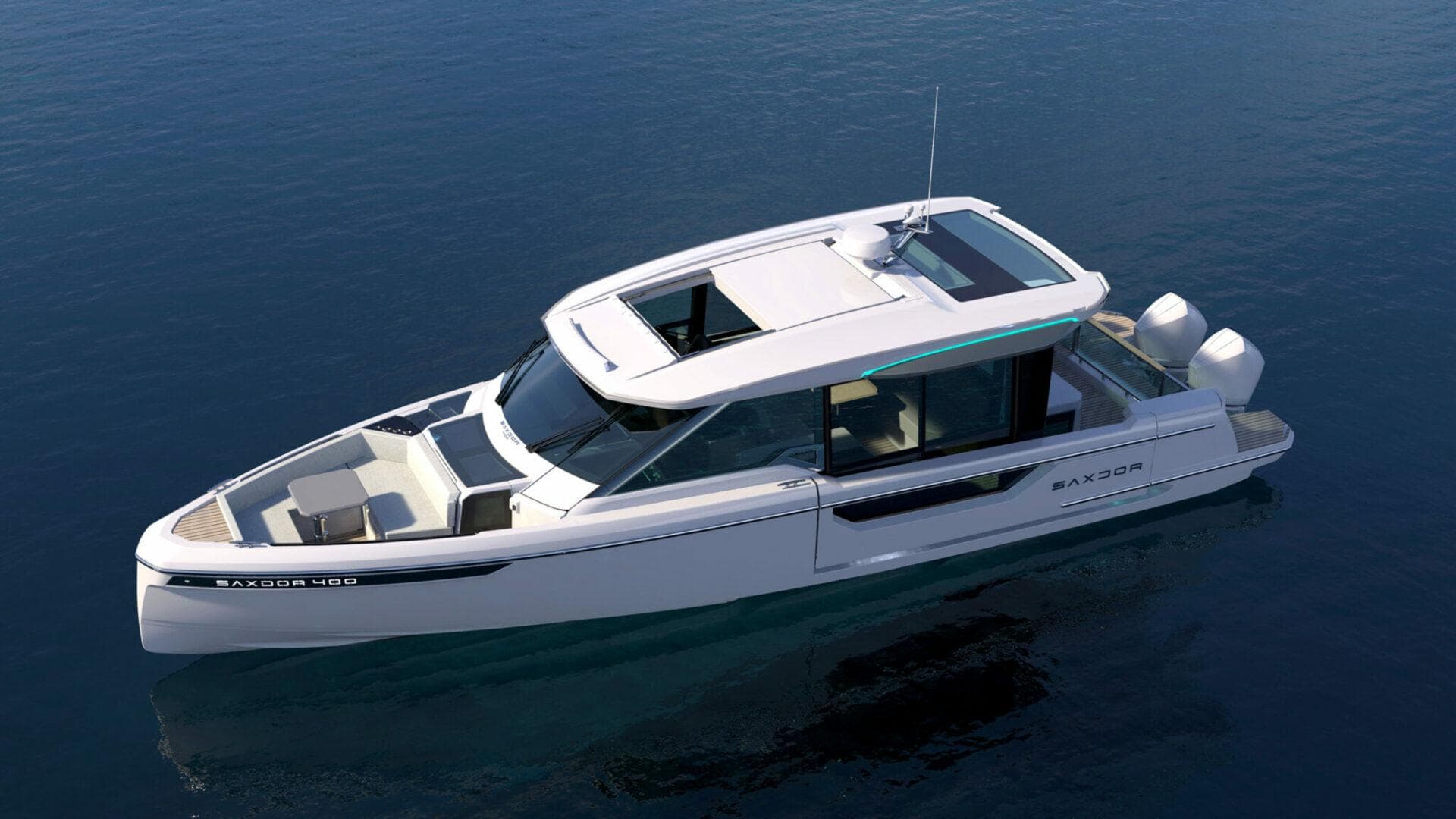 2025 Saxdor 400 GTC luxury motor yacht on calm water.