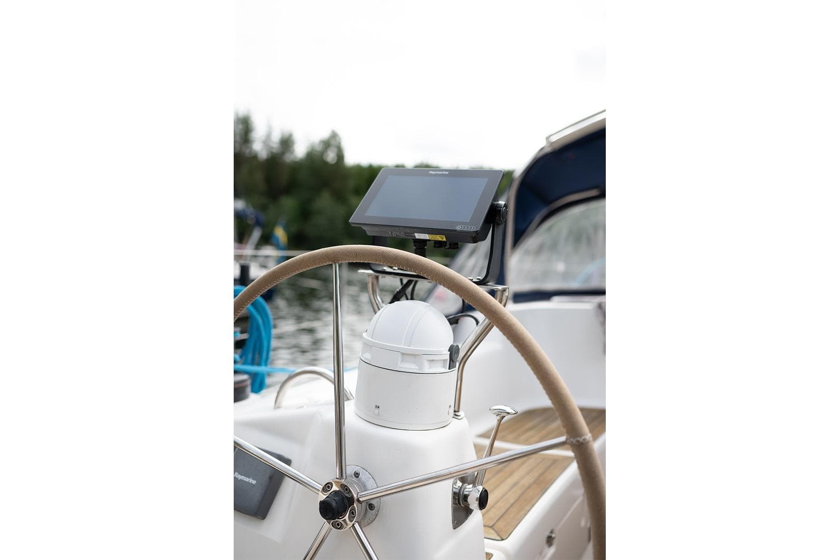 Steering wheel and navigation system on 2006 Dufour 385 sailboat.