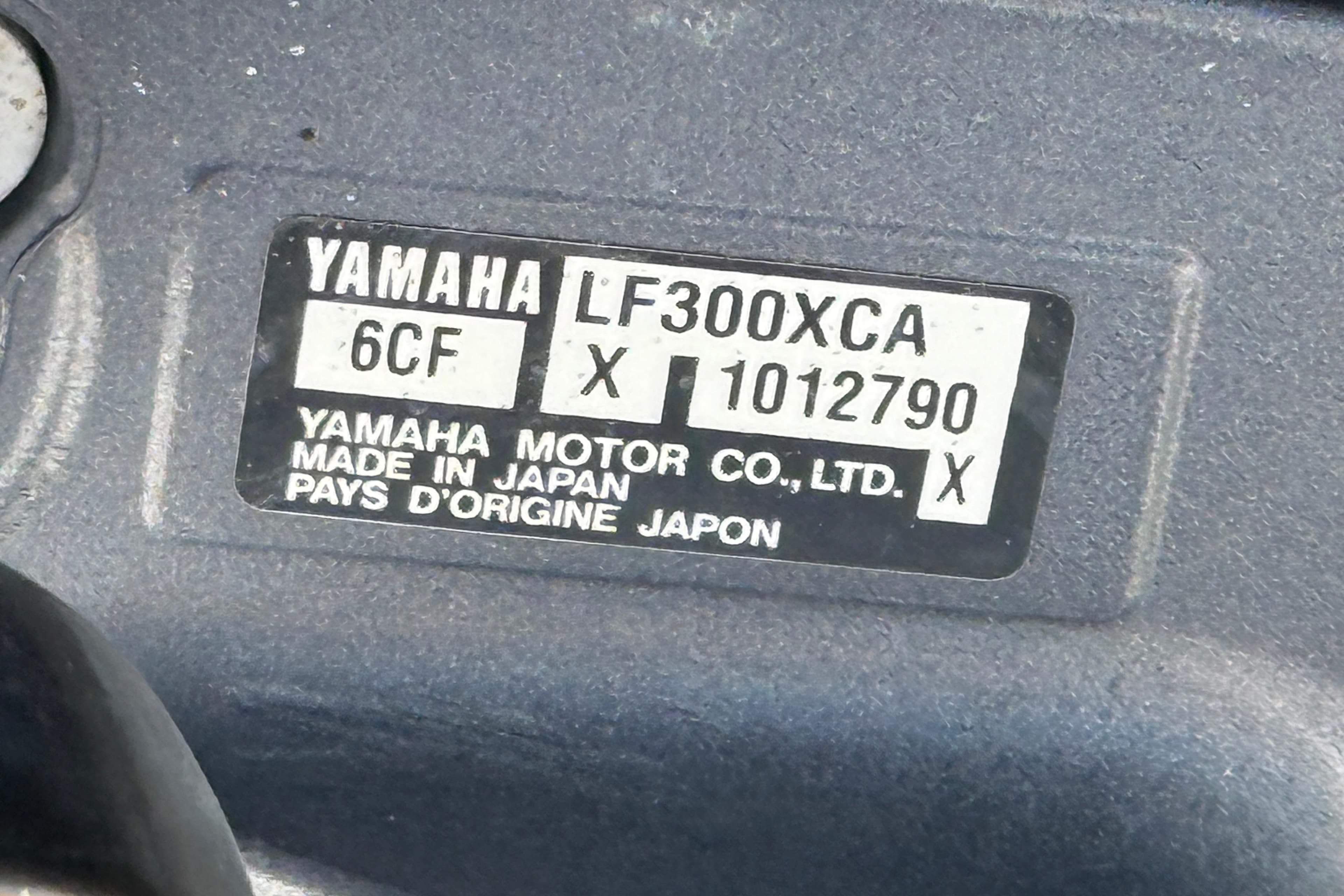 Yamaha LF300XCA engine label on 2006 SeaVee 290B, made in Japan.
