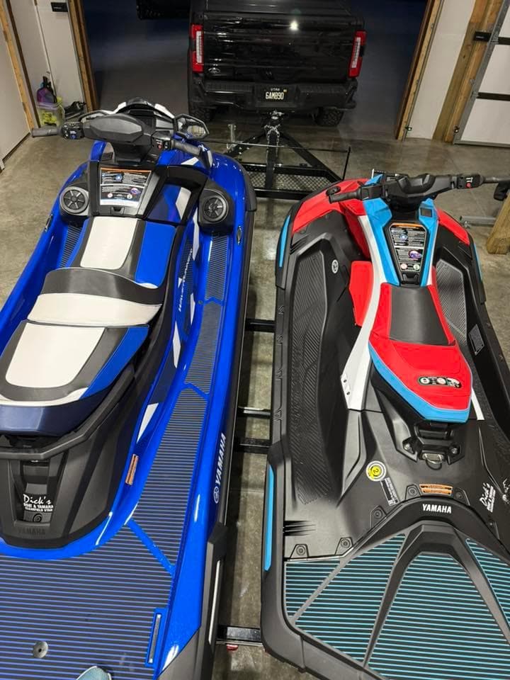 Two jet skis on a trailer, Bravada Dream Weaver Trip 14, 2011 model.