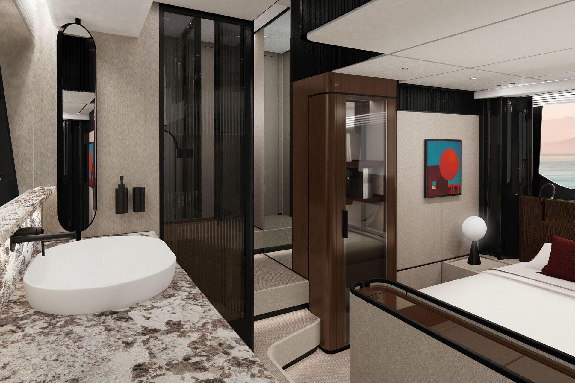 Luxurious interior of 2026 FIM 580 Contessa yacht with modern design elements.
