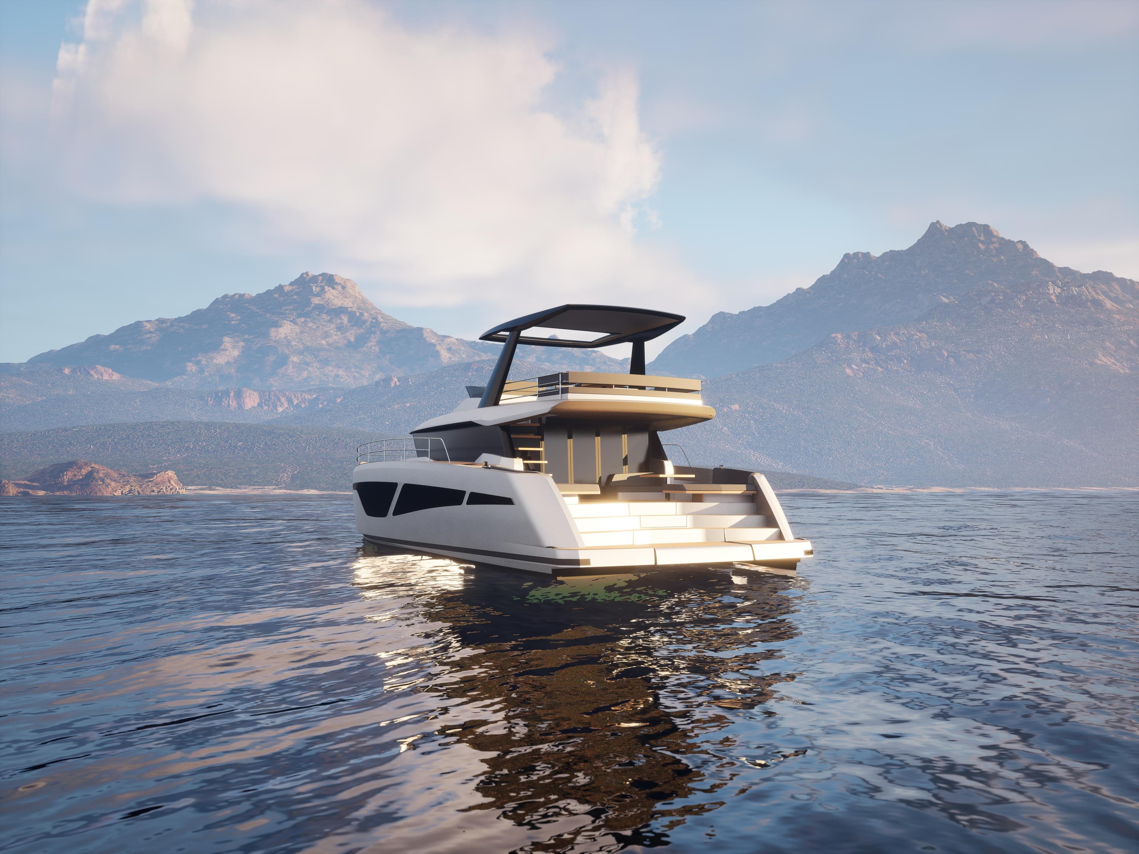 Luxurious 2026 Veya 53 yacht cruising on serene waters with mountainous backdrop.