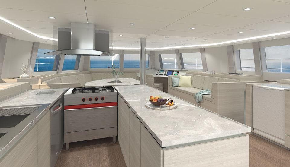Luxurious interior of 2022 Custom SQUALT MARINE CK 70 yacht with modern kitchen and seating area.