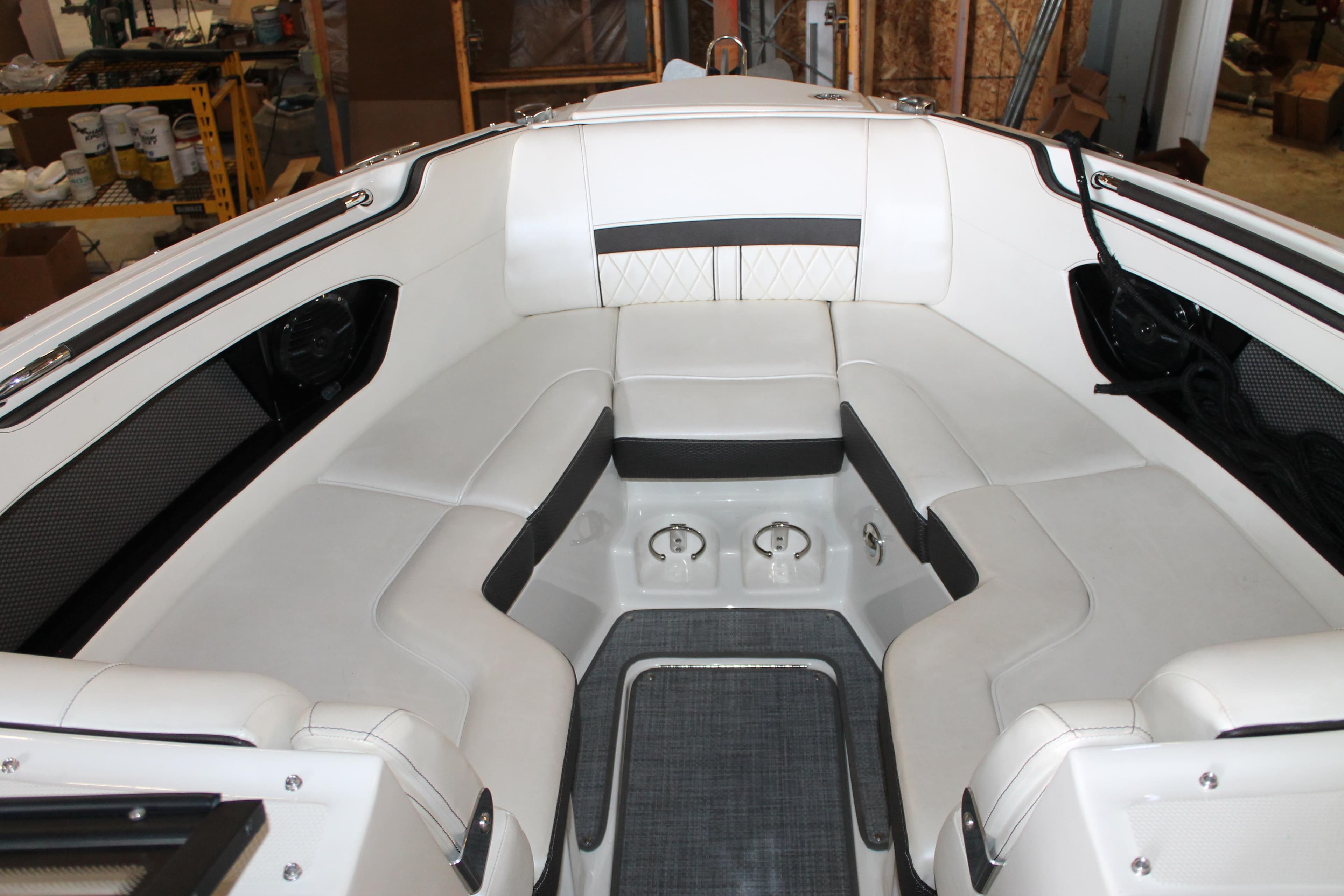 2018 Sea Ray 280 SLX boat interior with white seating and modern design.
