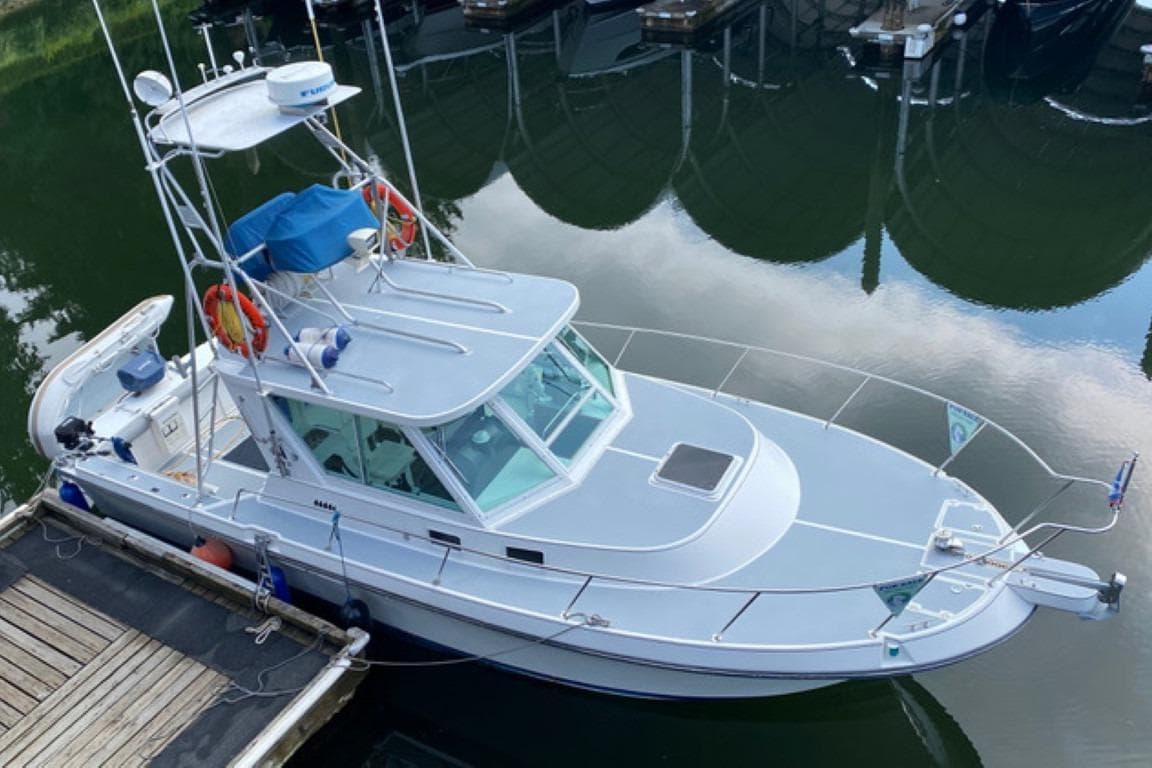 1997 Albin 31 TE boat docked on calm water, featuring a sleek design and spacious deck.