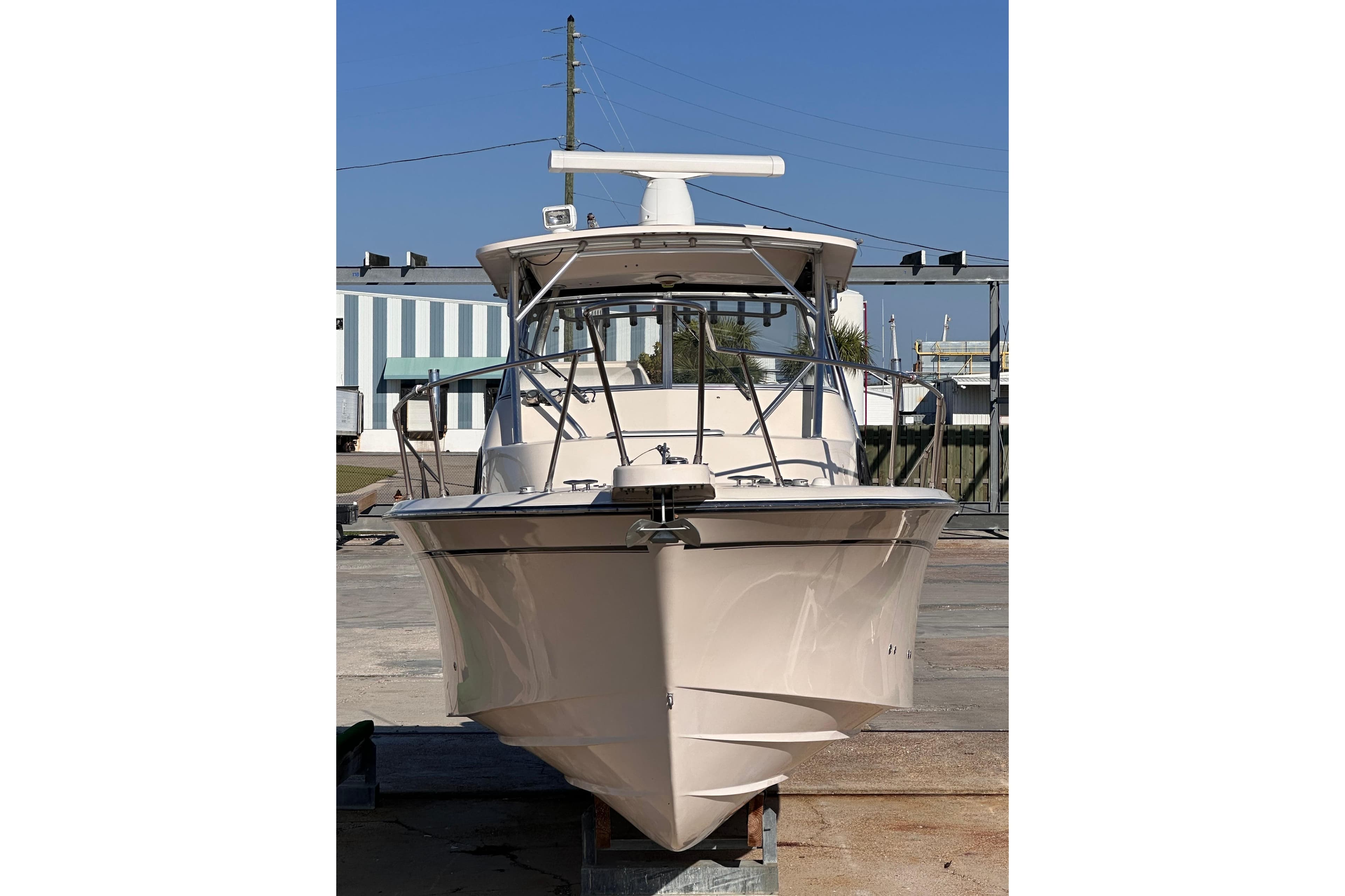 2007 Grady-White Marlin 300 boat on dry dock, front view.