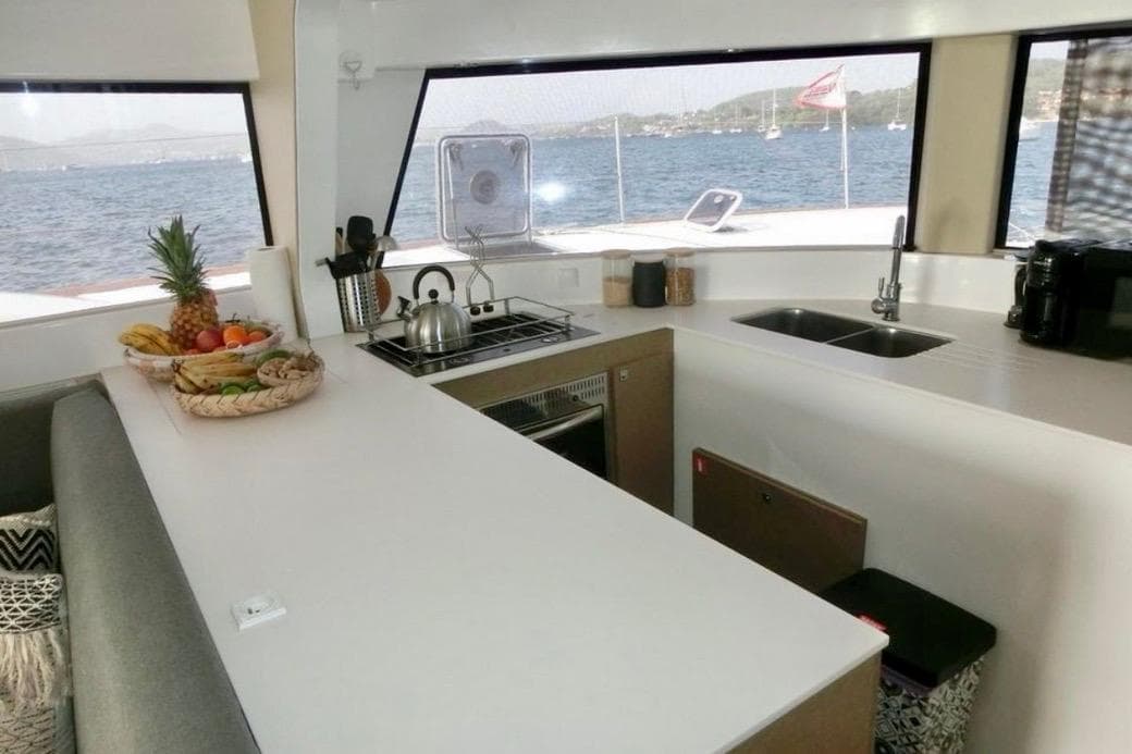 Modern kitchen interior on 2020 NEEL 47 yacht with ocean view.