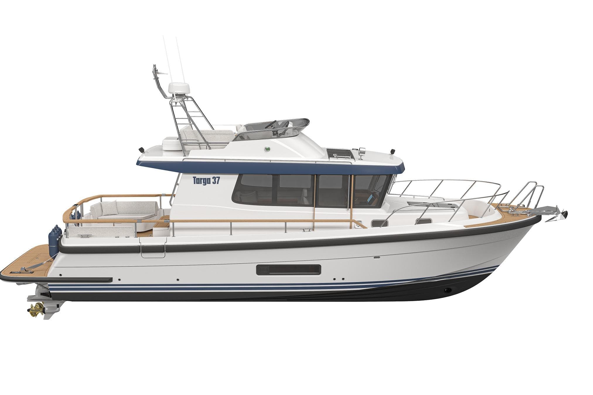 2027 Targa TARGA 37 boat, side view, sleek design, white and blue accents.