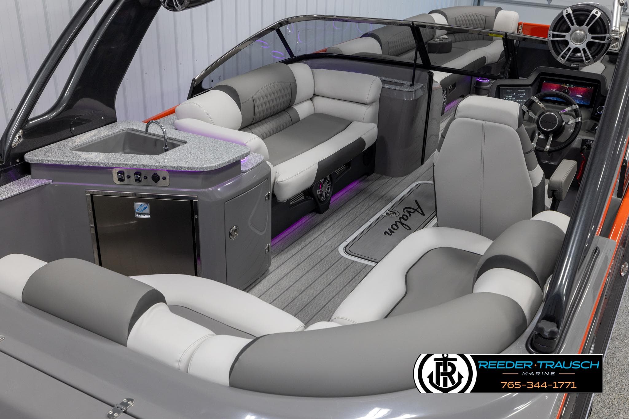 2024 Avalon 2785 Excalibur EL luxury pontoon boat interior with plush seating and modern amenities.