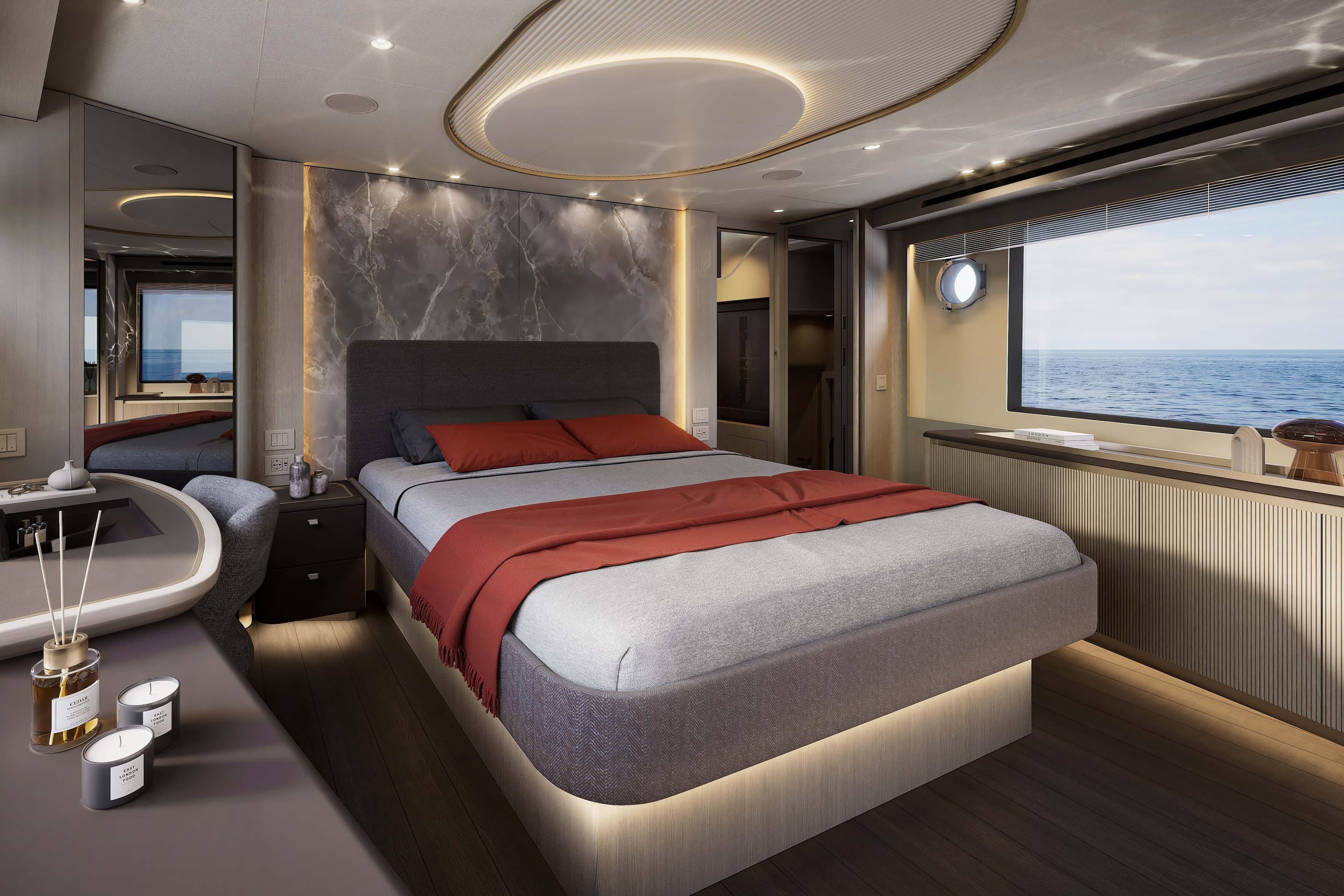 Luxurious bedroom interior of 2026 Absolute Navetta 66 yacht with ocean view.