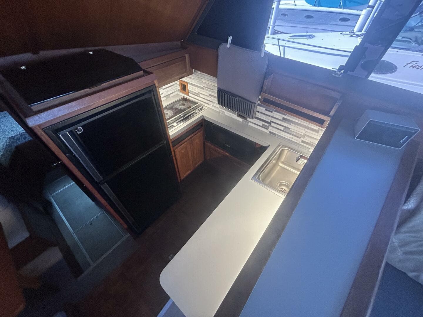 1986 Viking Boats 35 Convertible kitchen with modern appliances and sleek design.