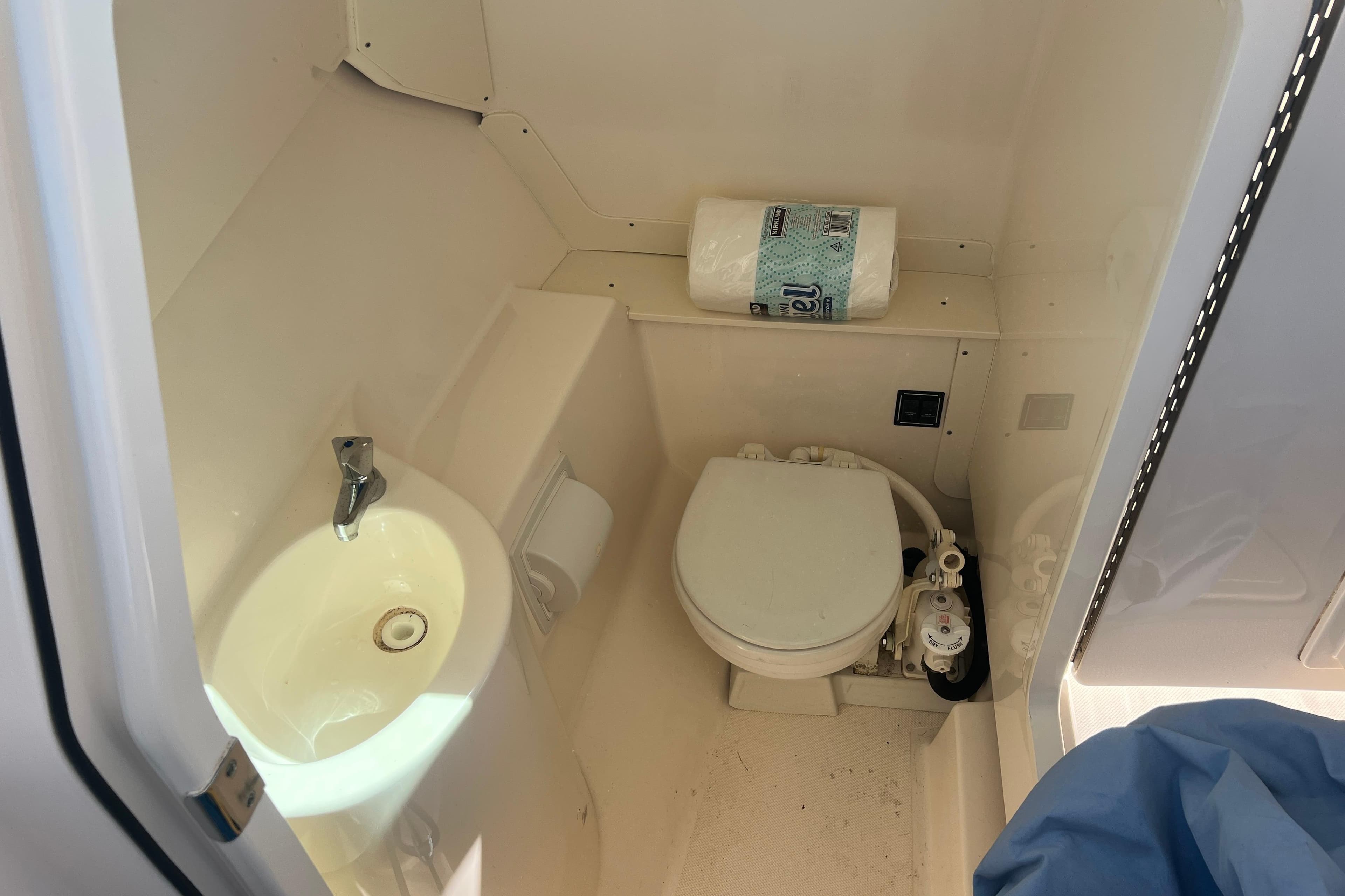Compact bathroom in 2011 Pursuit DC 265 Dual Console boat with sink and toilet.