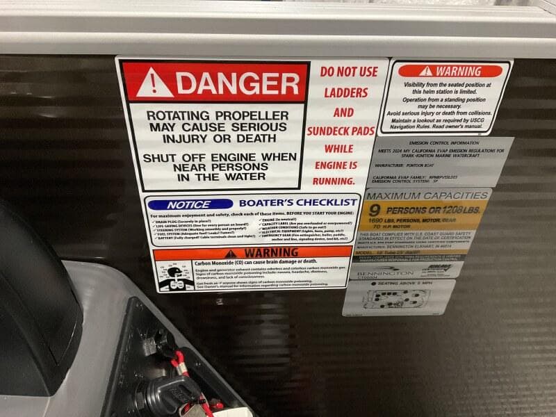 Safety warnings and capacity limits on a 2025 Bennington 188 SS Family Fish Pontoon.