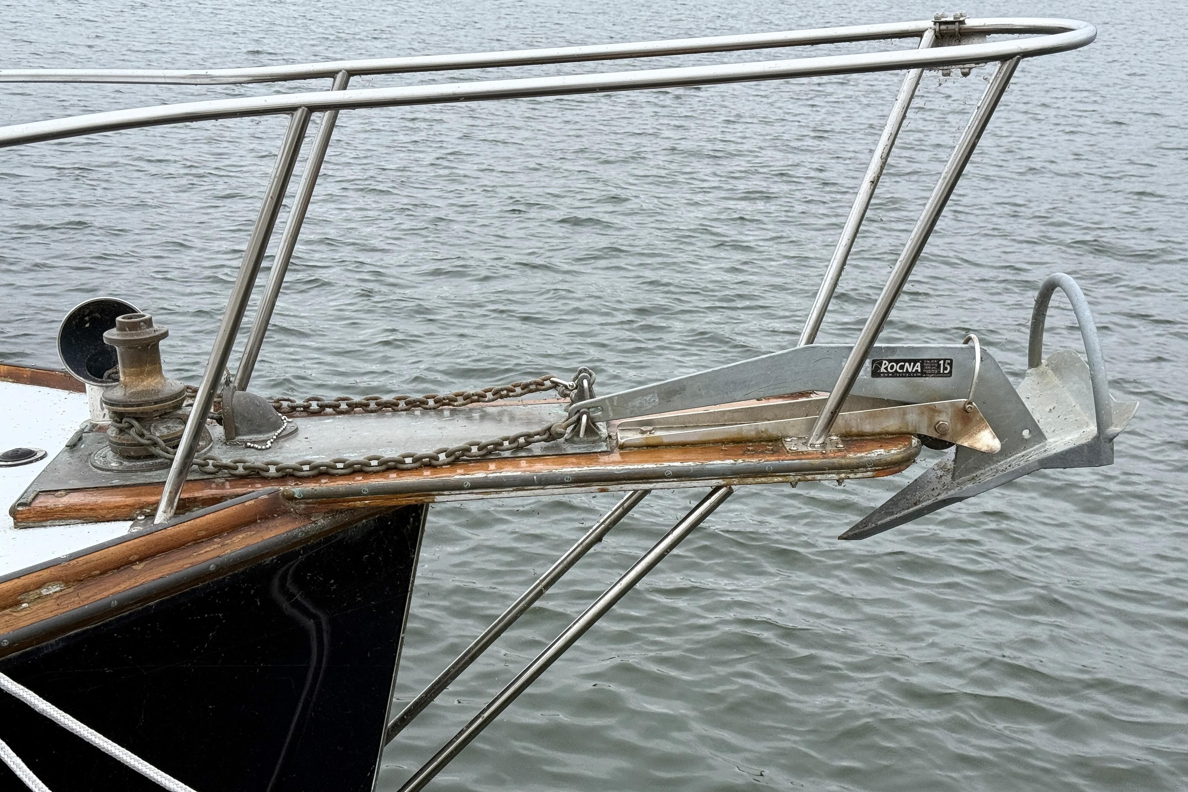 Bow of 1983 Wilbur 34 Fly Bridge Cruiser with anchor and chain.