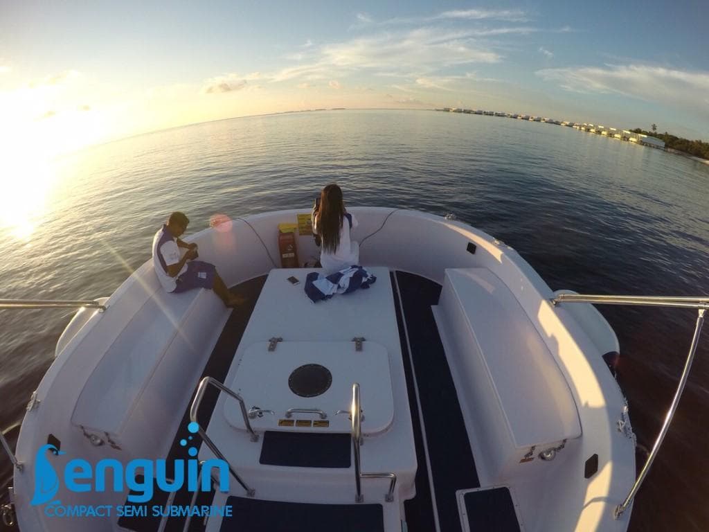 Two people on a Penguin Semi-Submarine 2.0 Electric, enjoying a serene ocean view at sunset.