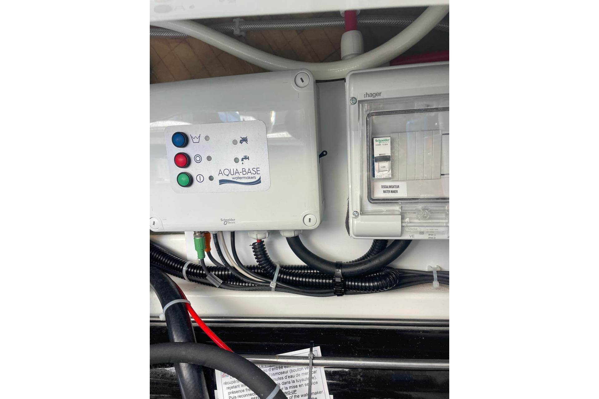 Control panel of Aqua-Base watermaker on 2023 Fountaine Pajot Isla 40 catamaran.