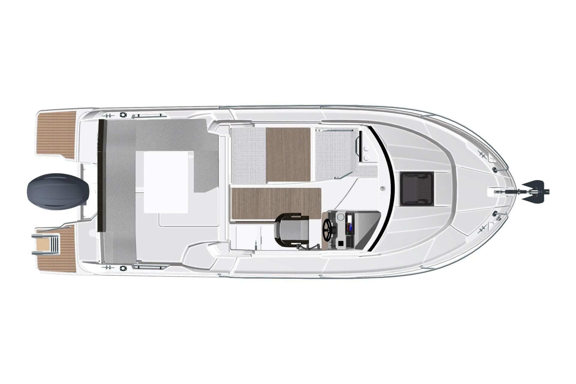 Top view of 2026 Jeanneau NC 695 boat layout, featuring spacious deck and cabin areas.