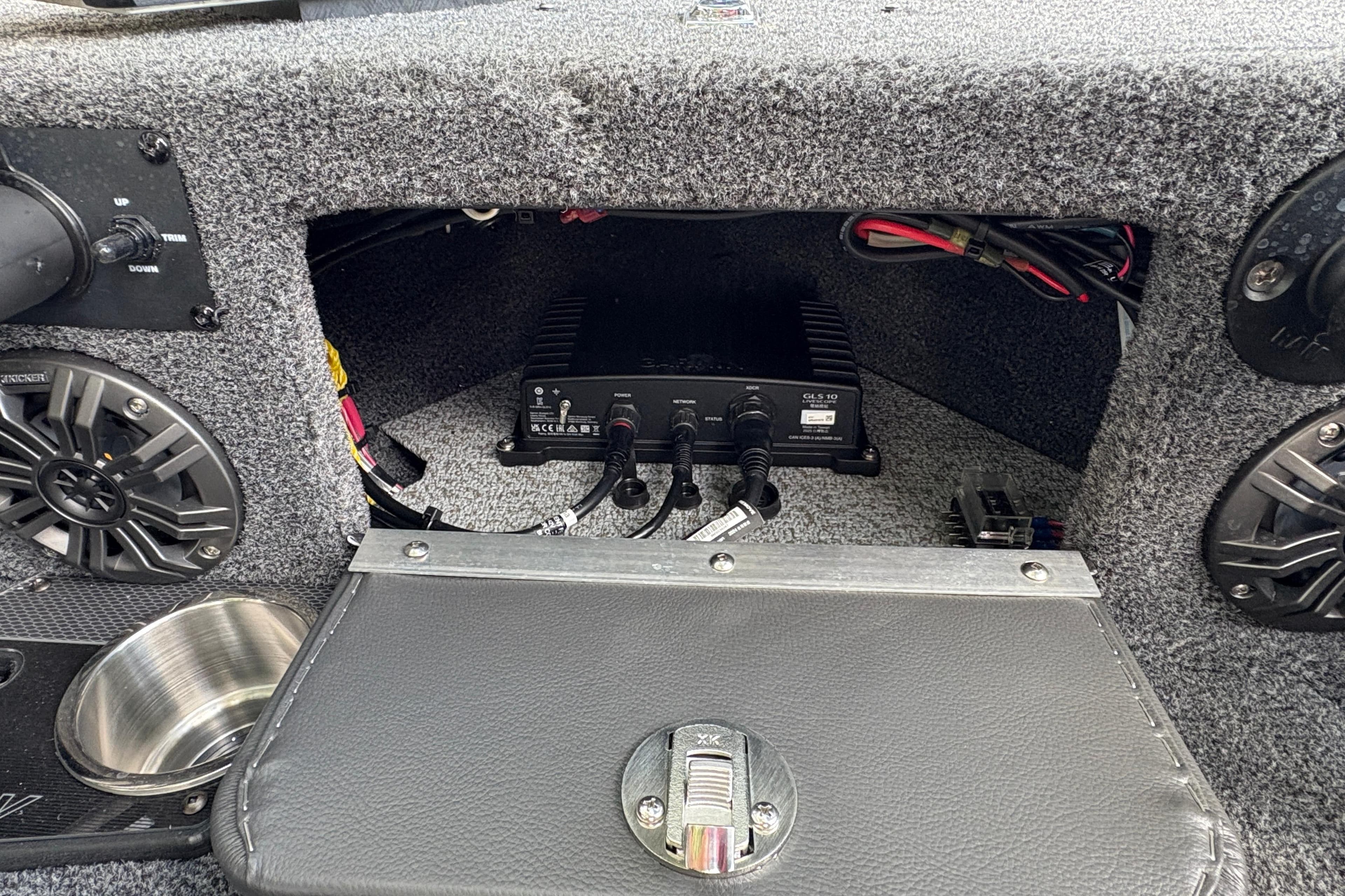 Interior electronics of 2026 Lund 2075 Pro-V Sport boat with audio system.