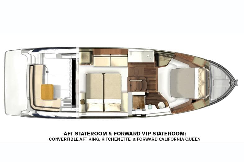 Manufacturer Provided Image: 2019 Regal 42 Grande Coupe yacht layout with aft stateroom, kitchenette, and forward VIP stateroom.