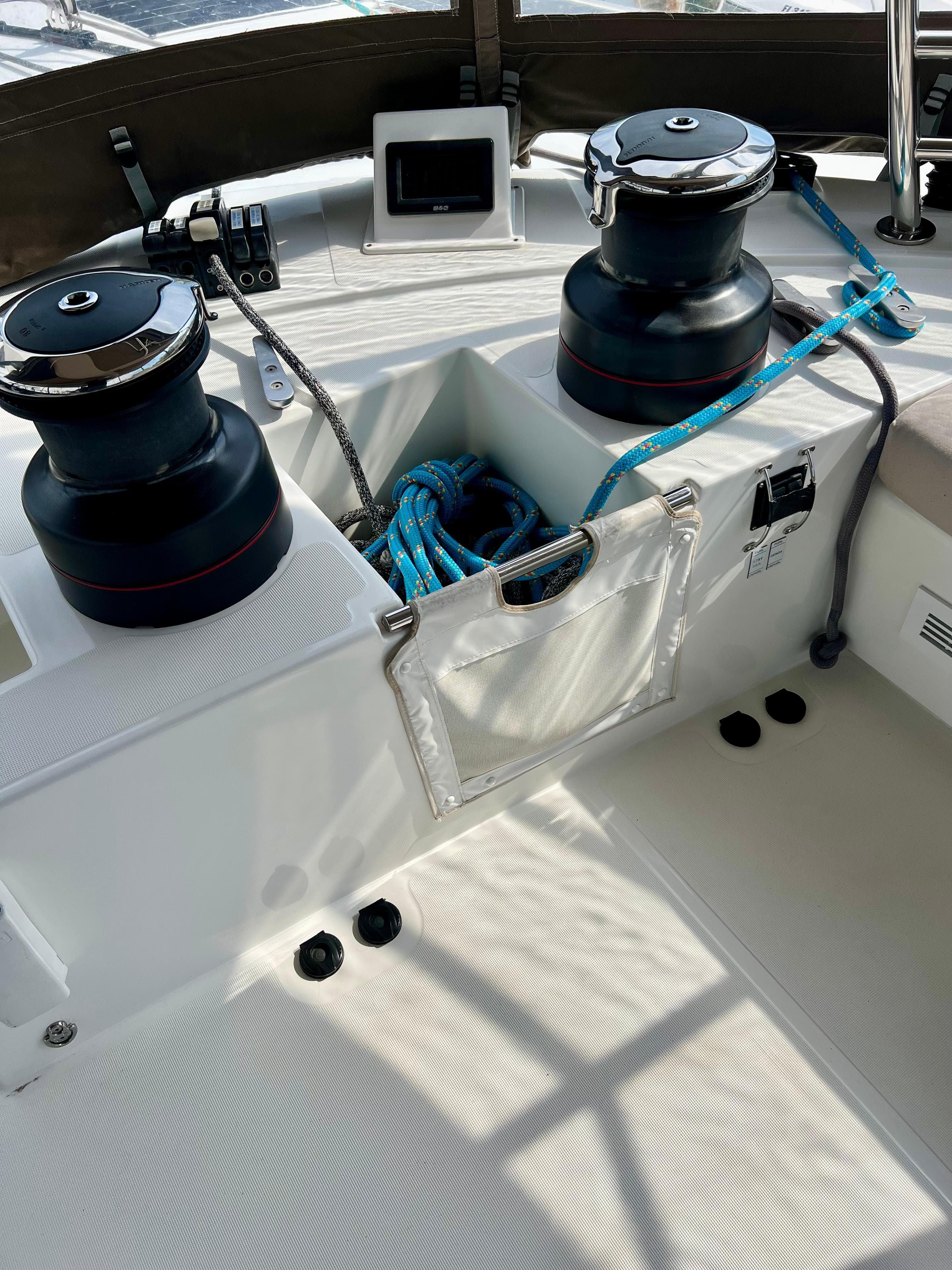 Lagoon 620 yacht deck with winches and ropes, 2017 model.